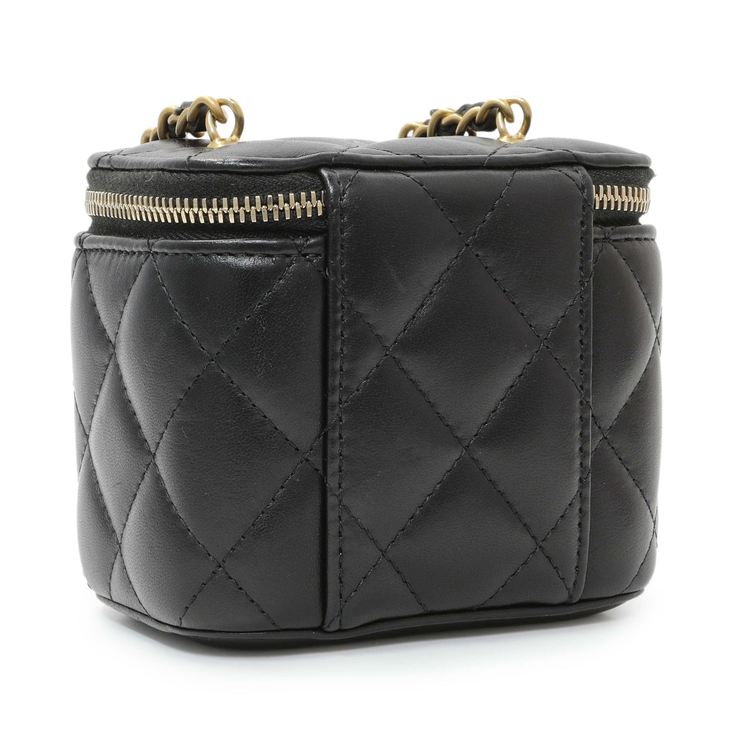 Exclusive Chanel Black Lambskin Quilted Pearl Crush Mini Vanity Case With Chain — Back View