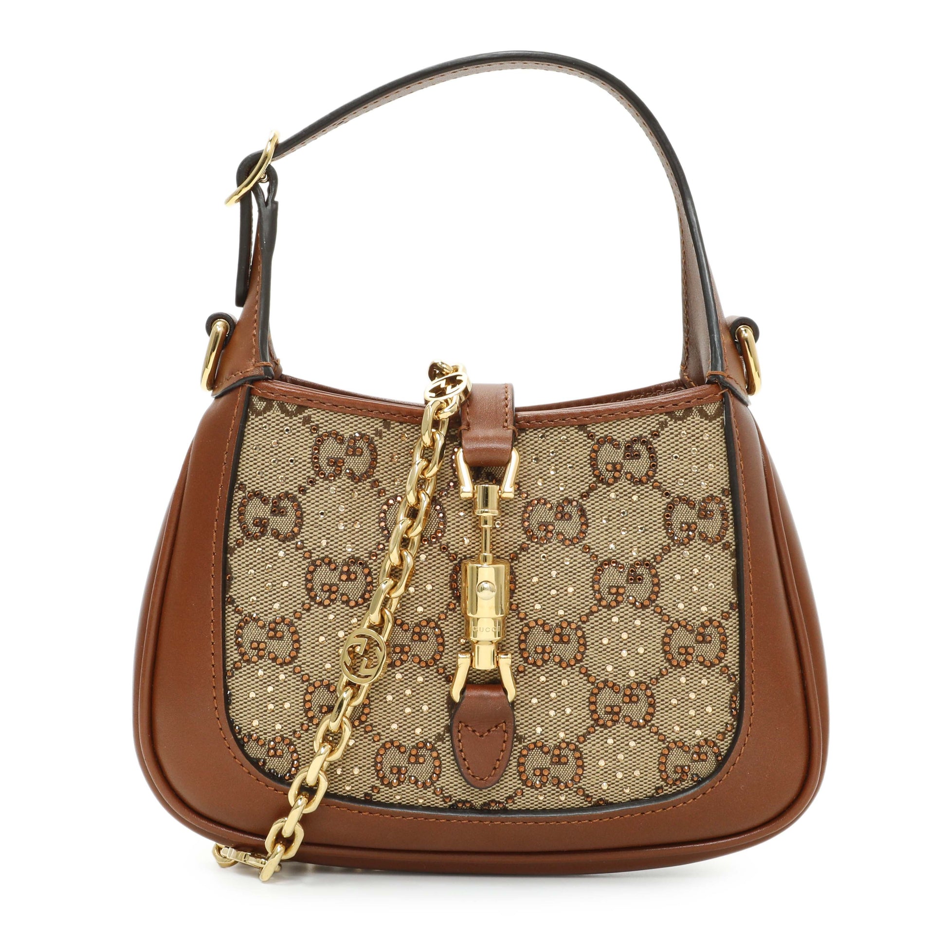 Exclusive Gucci Camel Ebony New Canvas Charisma Calfskin Crystal GG Monogram Mini Jackie 1961 Hobo — Front View