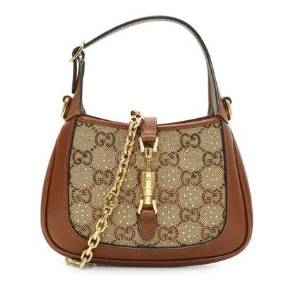 Exclusive Gucci Camel Ebony New Canvas Charisma Calfskin Crystal GG Monogram Mini Jackie 1961 Hobo — Front View