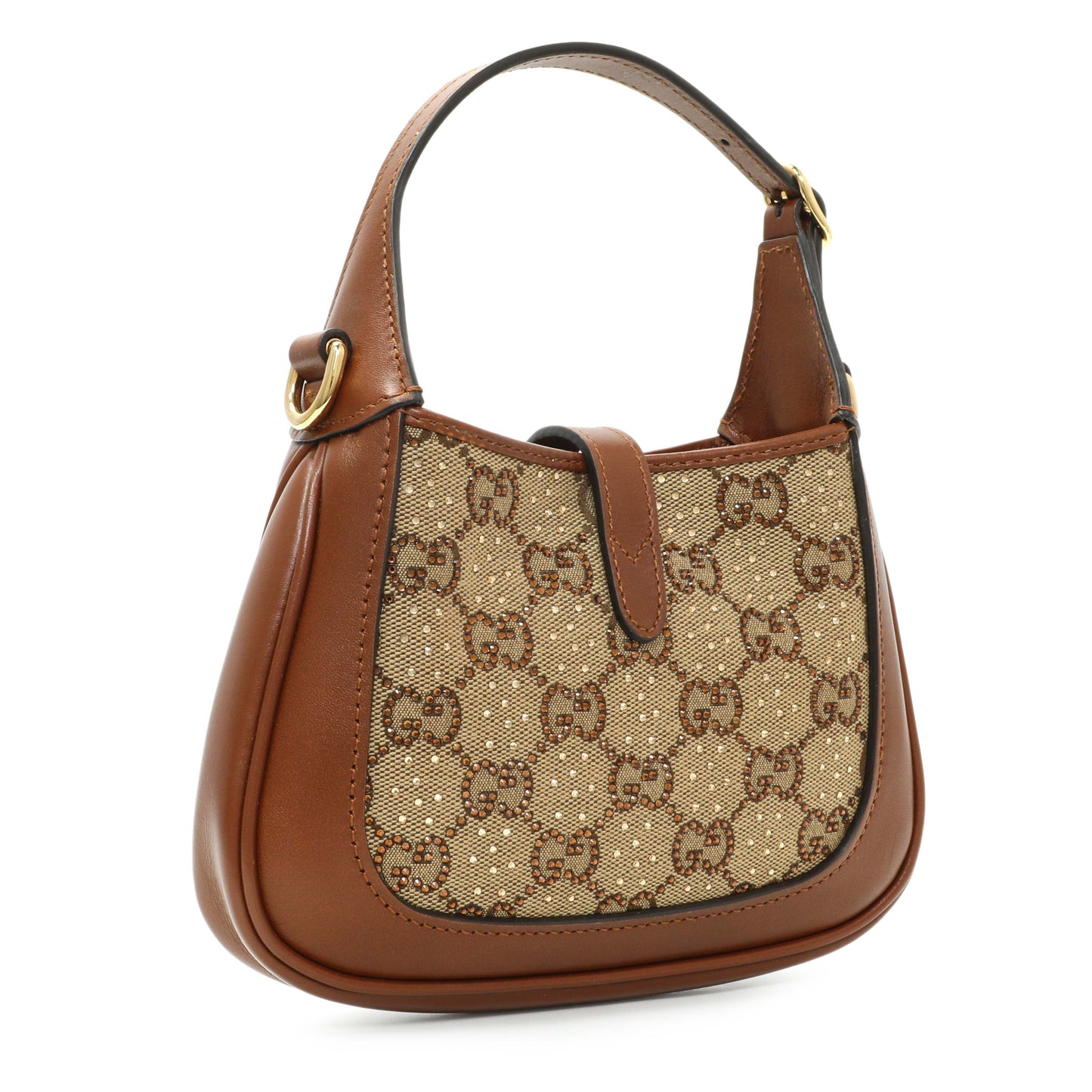 Exclusive Gucci Camel Ebony New Canvas Charisma Calfskin Crystal GG Monogram Mini Jackie 1961 Hobo — Side View