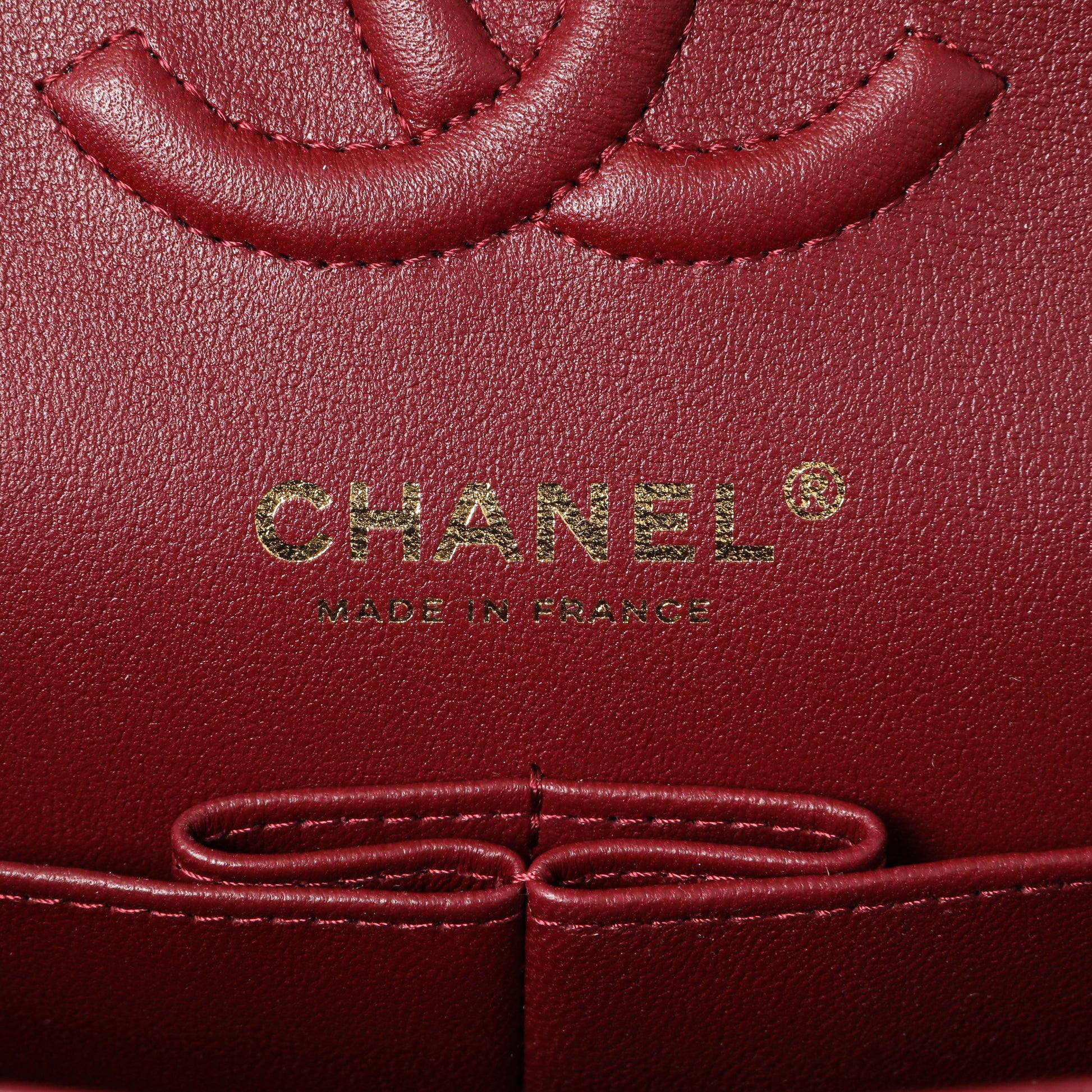Exclusive Chanel Burgundy Quilted Caviar Small Classic Double Flap — Detail View