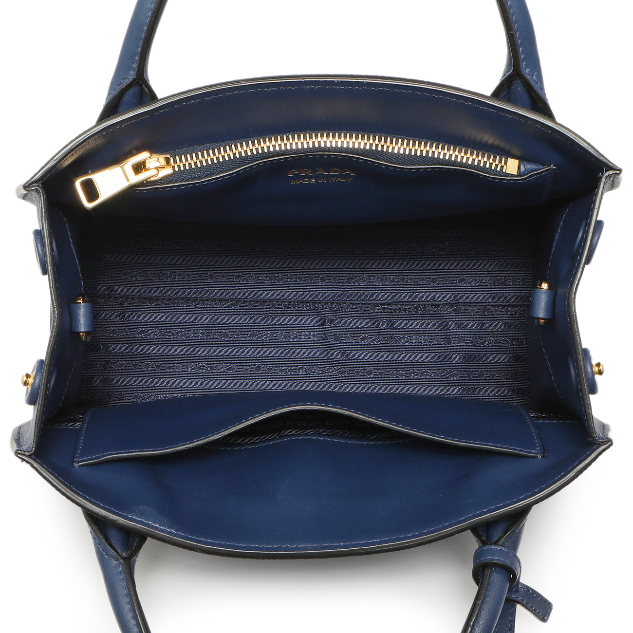 Exclusive Prada Blue Saffiano Cuir Small Monochrome Top Handle Tote — Detail View