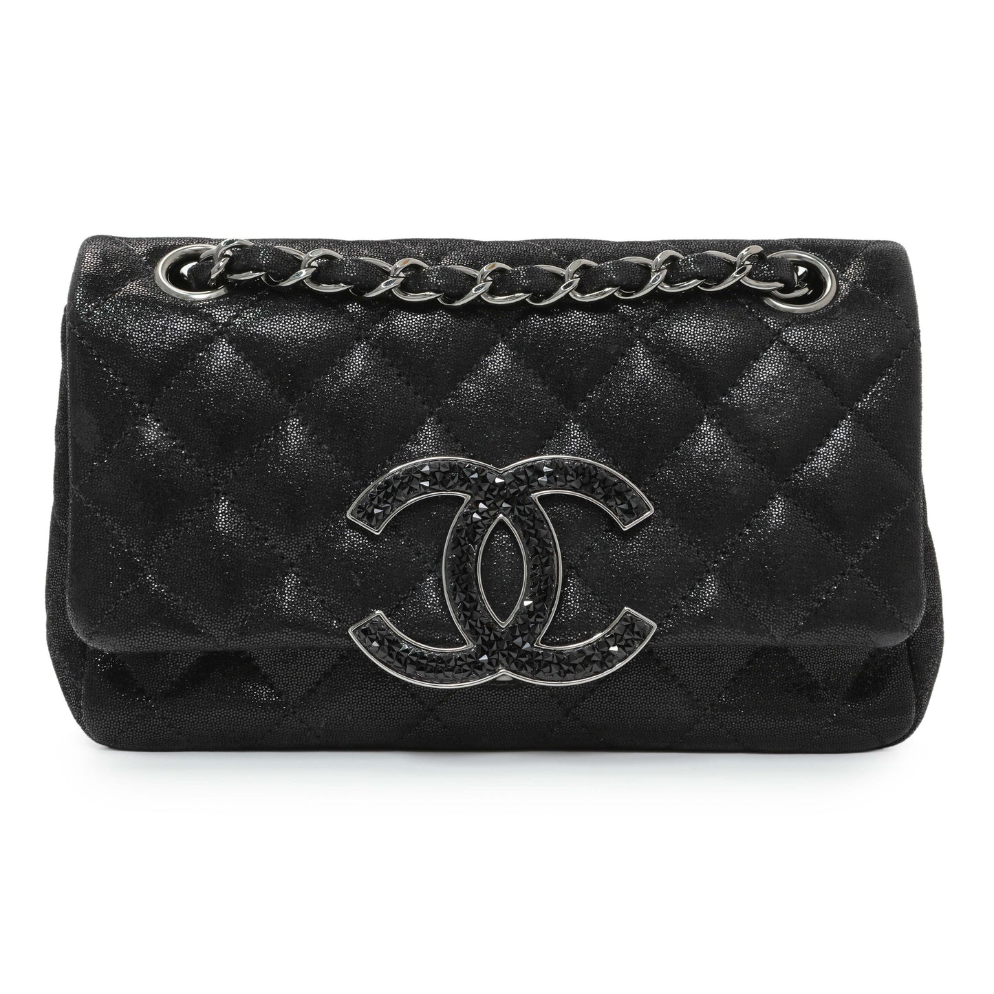 Exclusive Chanel Black Irridescent Calfskin Crystal CC Mini Flap — Front View