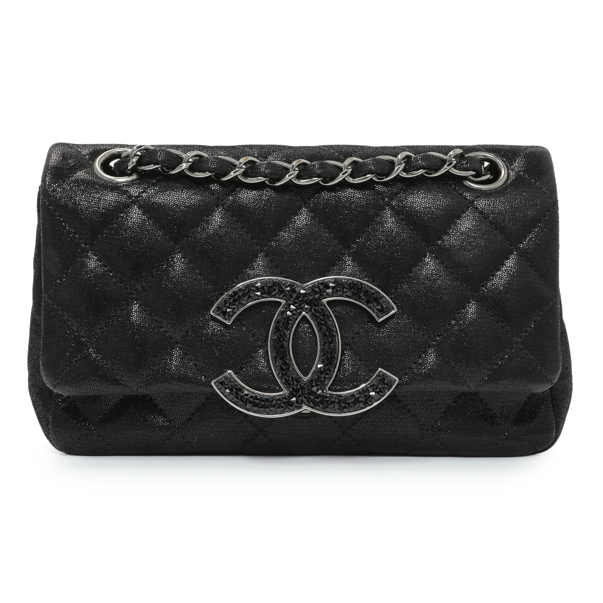 Exclusive Chanel Black Irridescent Calfskin Crystal CC Mini Flap — Front View
