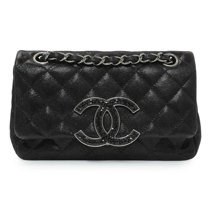 Exclusive Chanel Black Irridescent Calfskin Crystal CC Mini Flap — Front View