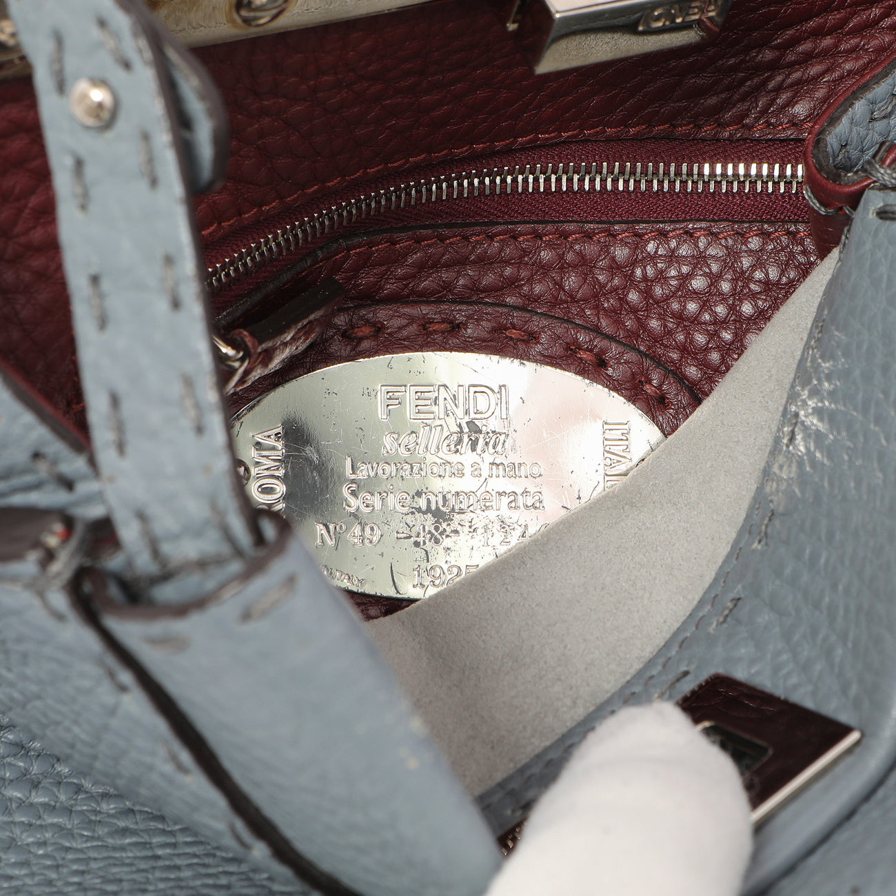 Exclusive Fendi Tempesta Calfskin Romano Selleria Mini Peekaboo Iconic Satchel — Lifestyle View