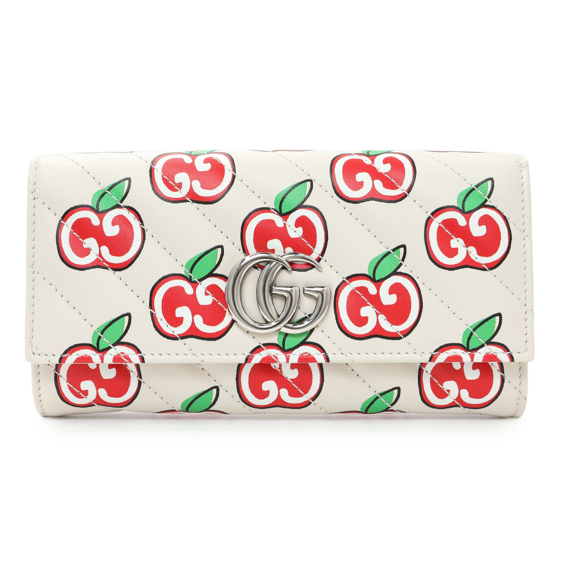 Exclusive Gucci Ivory Calfskin Monogram Matelasse Diagonal GG Apple Marmont Continental Wallet — Front View