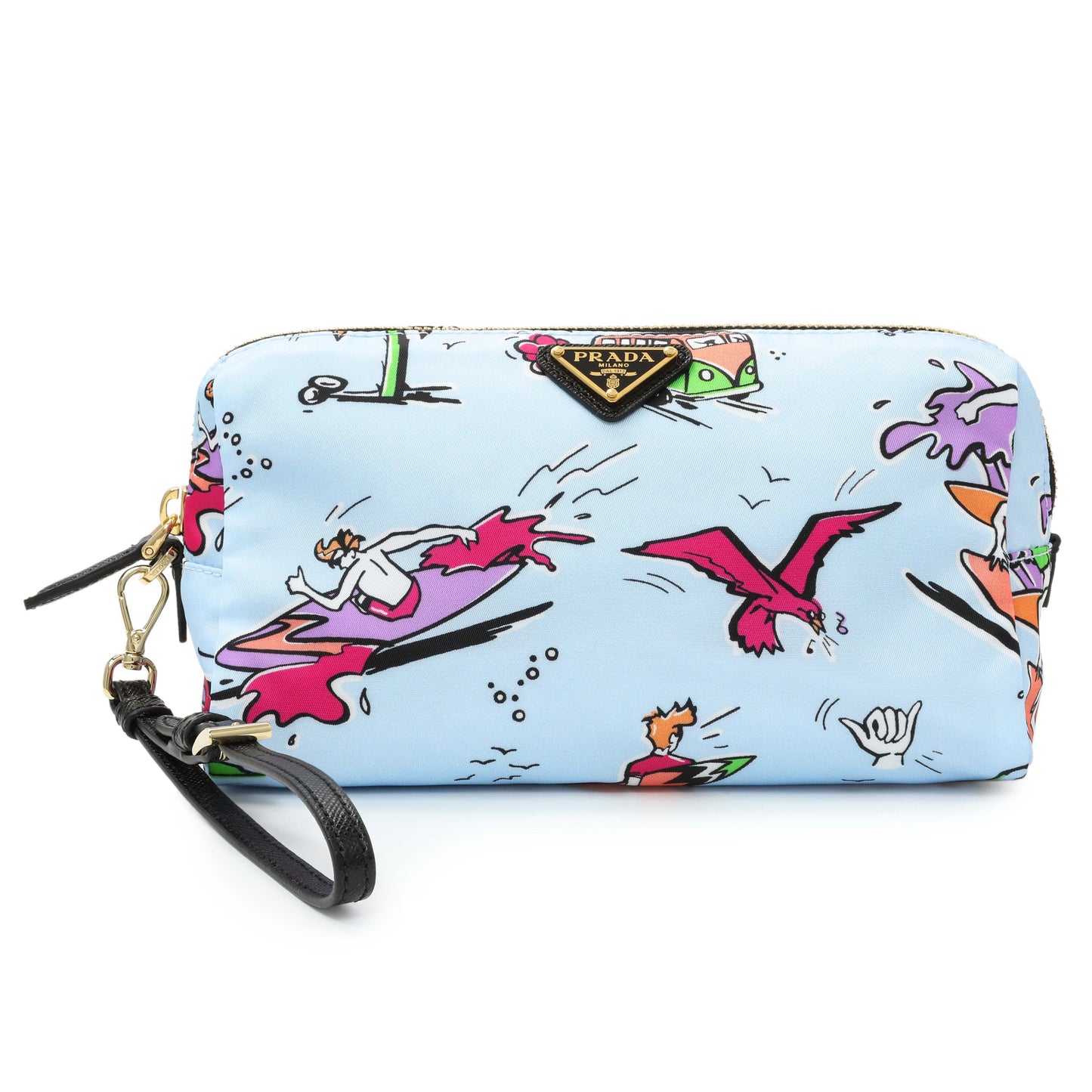 Exclusive Prada Blue Tessuto Stampato Nylon Saffiano Surf Print Wrist Pouch — Front View