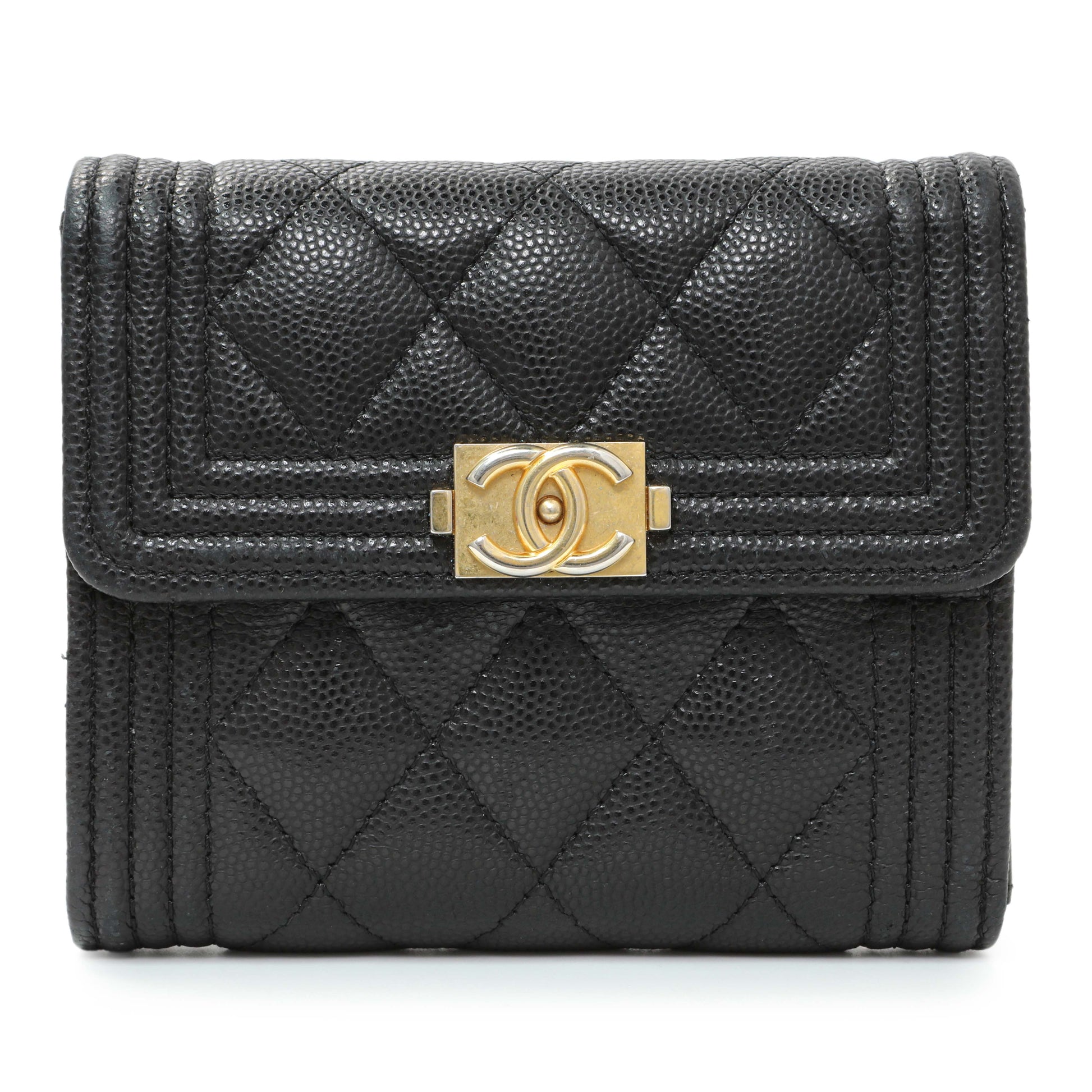 Exclusive Chanel Black Caviar Quilted Compact Boy Wallet — Front View