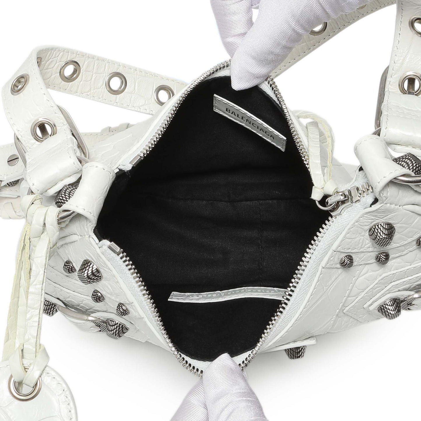Exclusive Balenciaga White Crocodile Embossed Calfskin Le Cagole Shoulder Bag XS — Detail View