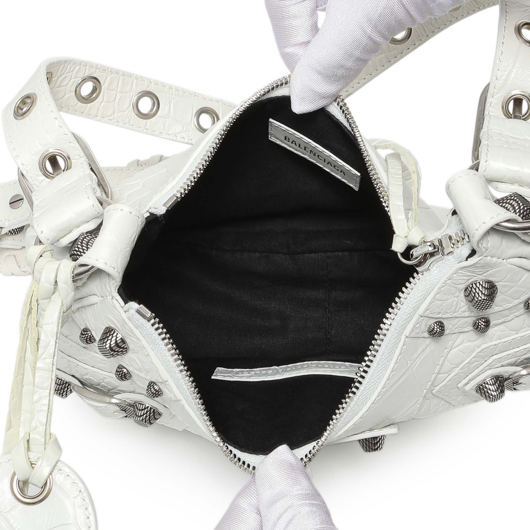 Exclusive Balenciaga White Crocodile Embossed Calfskin Le Cagole Shoulder Bag XS — Detail View