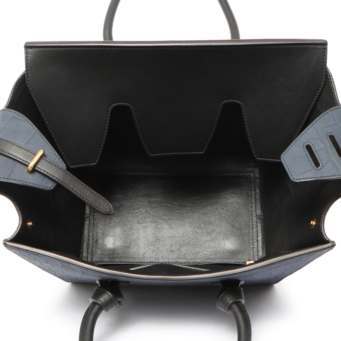 Exclusive Celine Navy Crocodile Embossed Nubuck Calfskin Small Tie Knot Tote — Top View