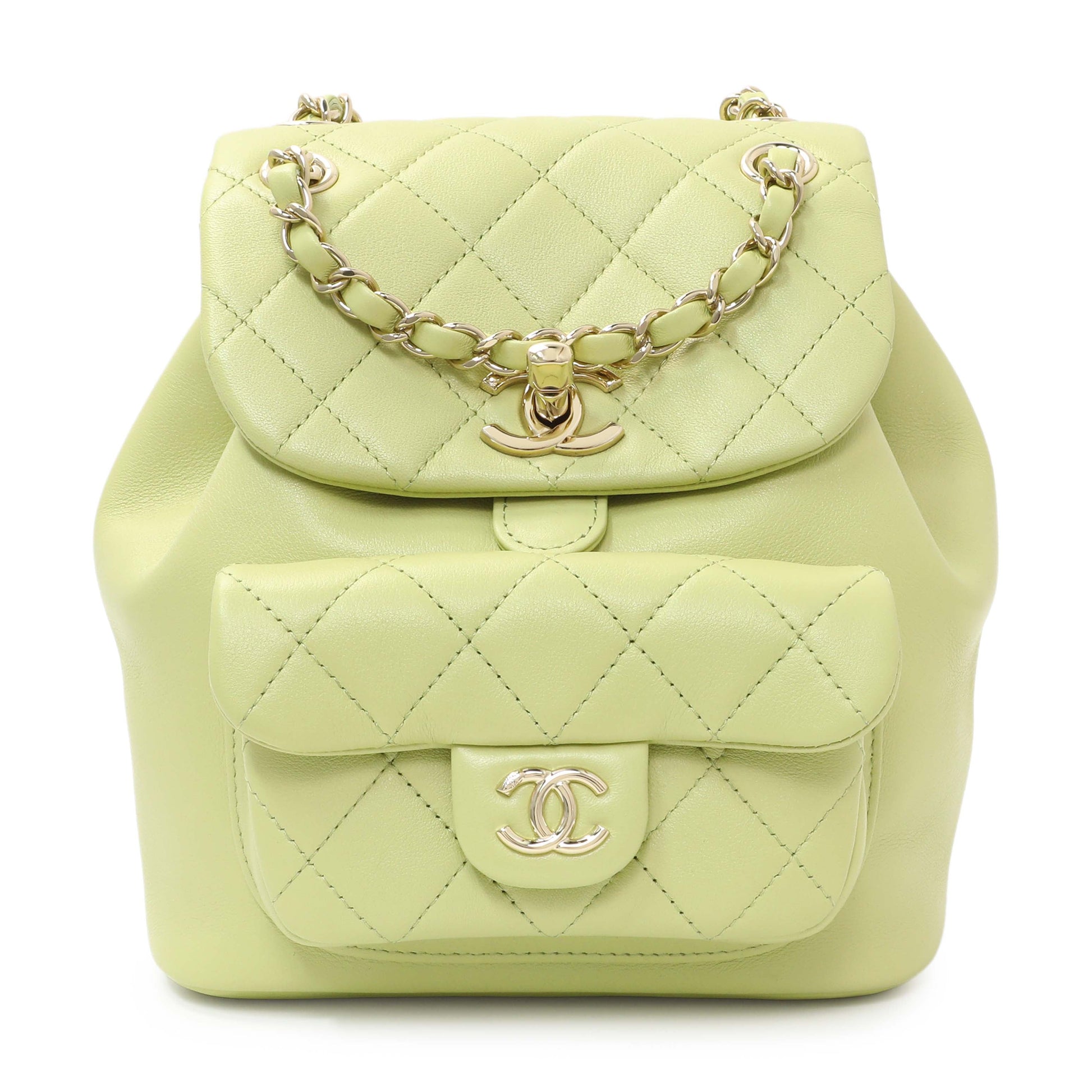 Exclusive Chanel Green Quilted Lambskin Small Duma Drawstring Backpack — Front View