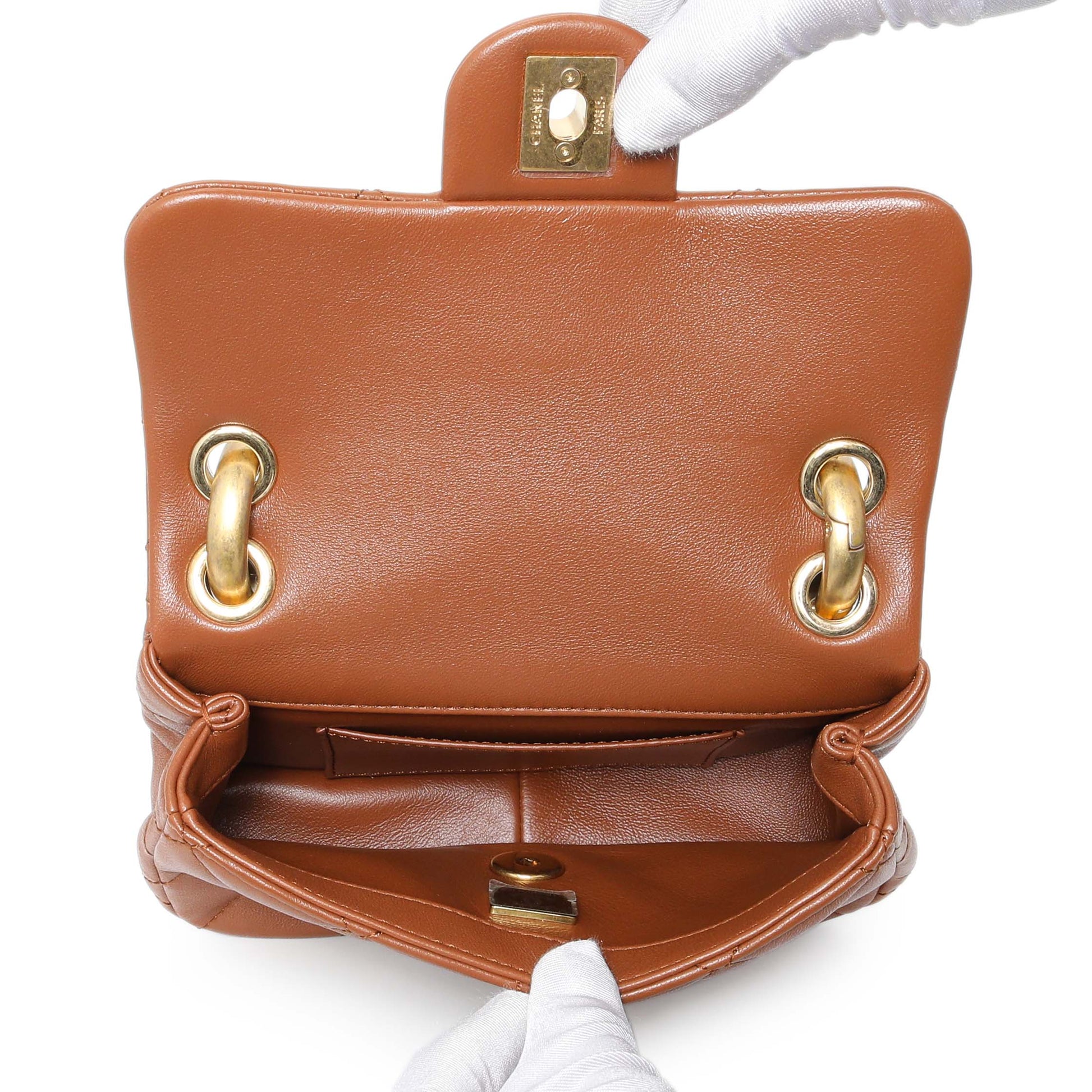 Exclusive Chanel Light Brown Lambskin Wenge Quilted Mini Fashion Wood Square Flap — Top View