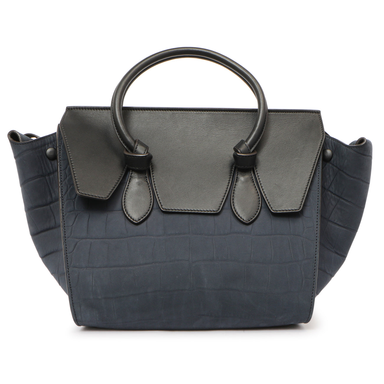 Exclusive Celine Navy Crocodile Embossed Nubuck Calfskin Small Tie Knot Tote — Front View
