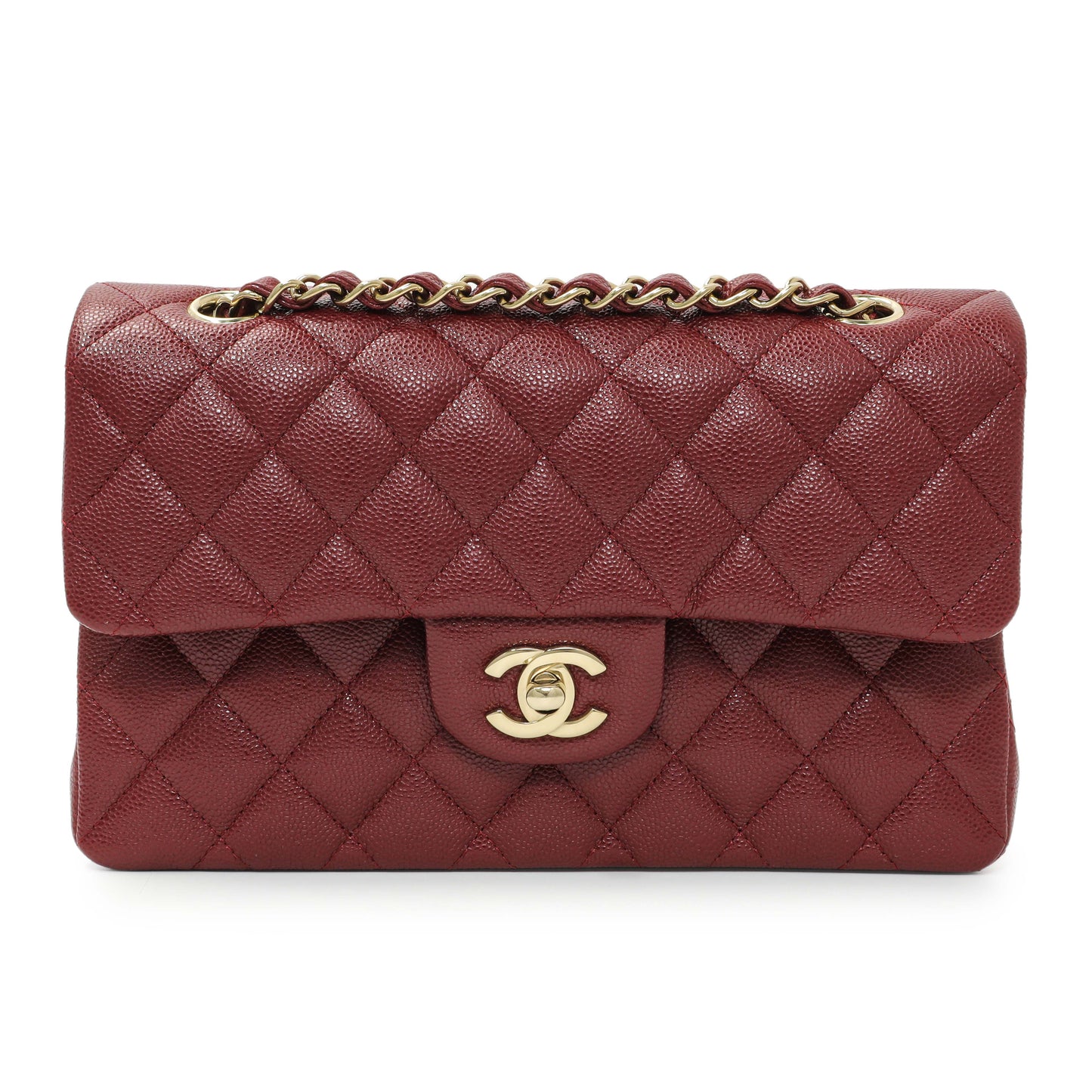 Exclusive Chanel Burgundy Quilted Caviar Small Classic Double Flap — Front View