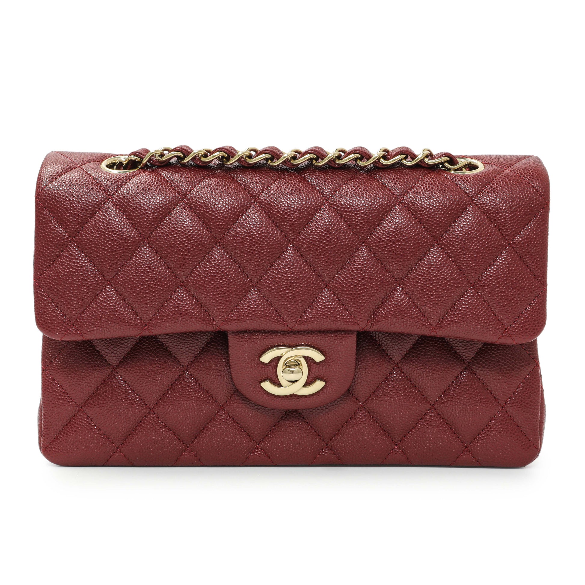 Exclusive Chanel Burgundy Quilted Caviar Small Classic Double Flap — Front View