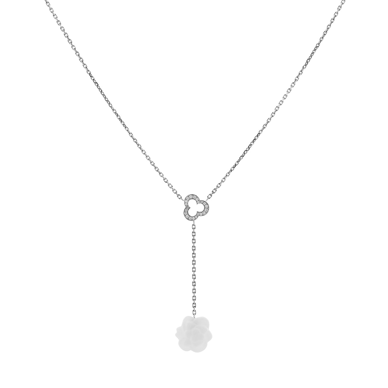 Exclusive Chanel 18K White Gold Diamond Agate Camelia Sculpte Pendant Necklace — Front View