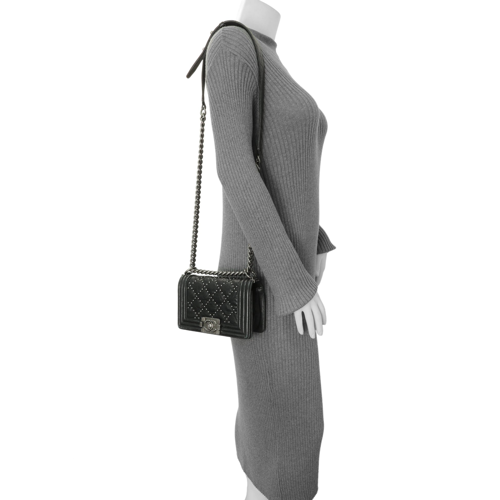 Exclusive Chanel Black Crumpled Lambskin Small Studded Boy Bag — Alternate View 14