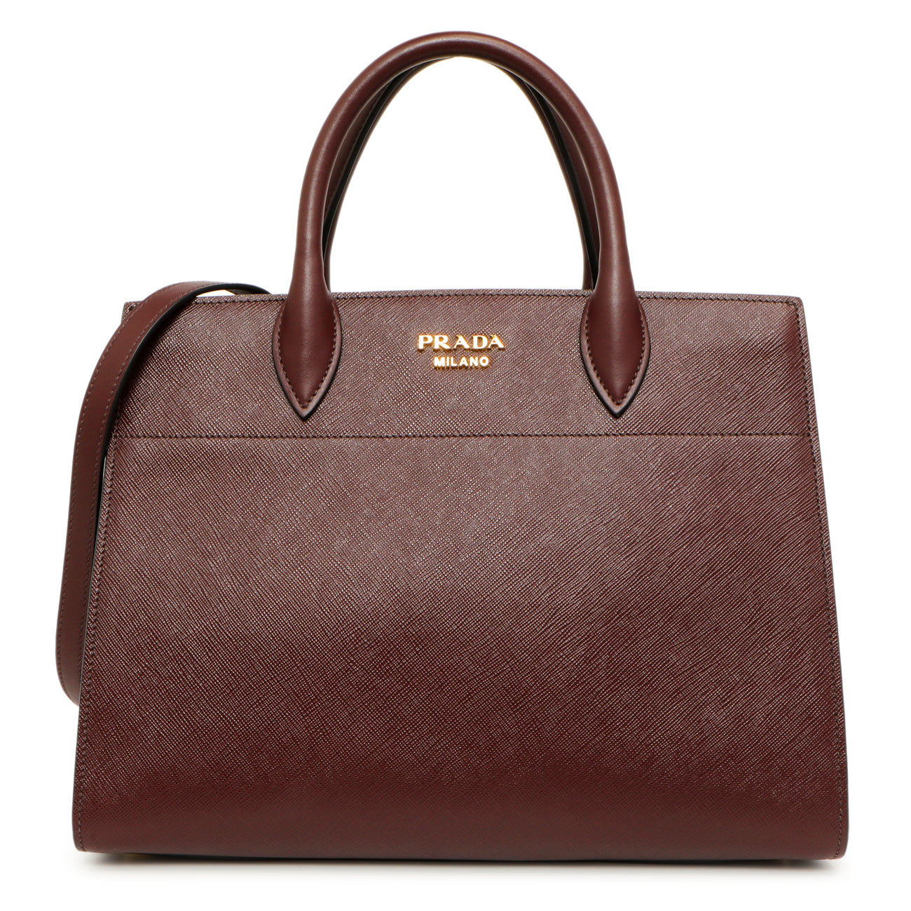 Exclusive Prada Burgundy Saffiano City Calfskin Bibliotheque Top Handle — Front View