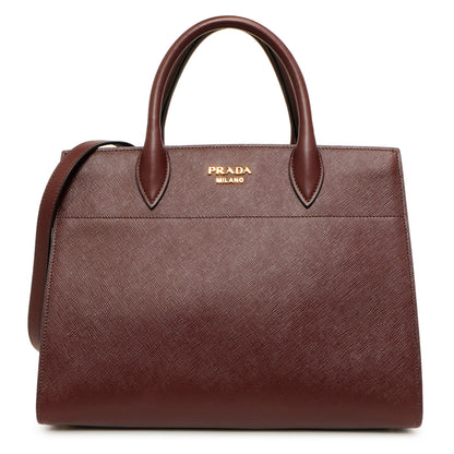 Exclusive Prada Burgundy Saffiano City Calfskin Bibliotheque Top Handle — Front View