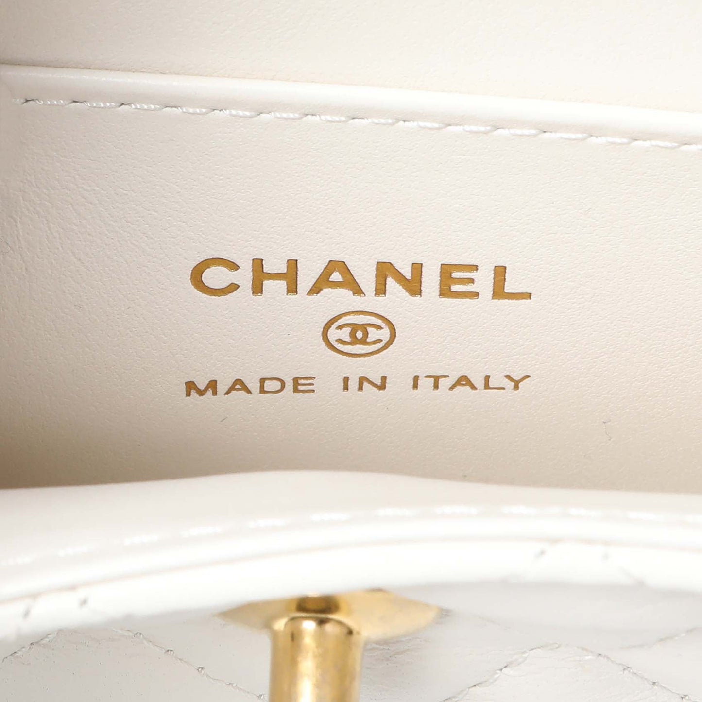Exclusive Chanel White Shiny Aged Calfskin Quilted Mini Nano Kelly Shopper — Detail View