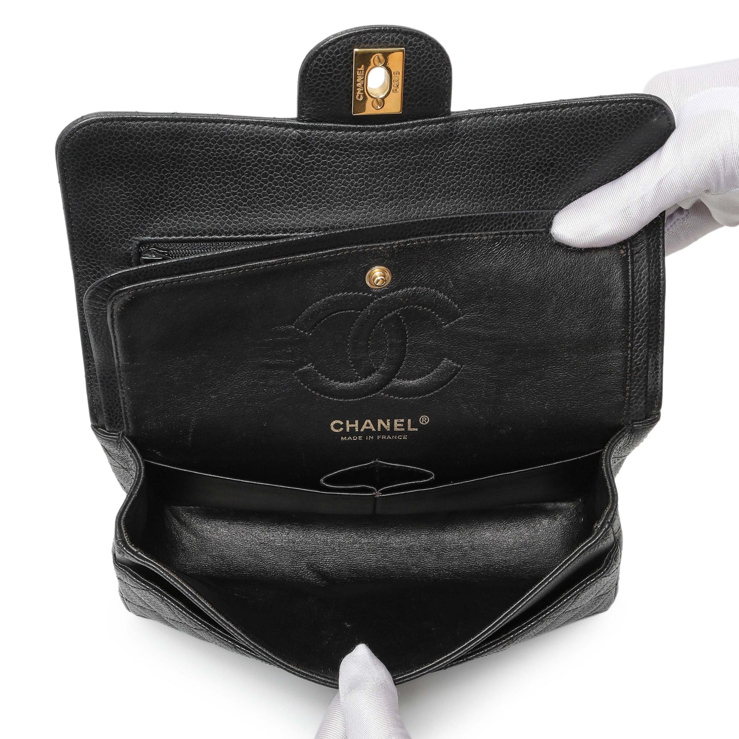 Exclusive Chanel Black Quilted Caviar Small Classic Double Flap — Top View