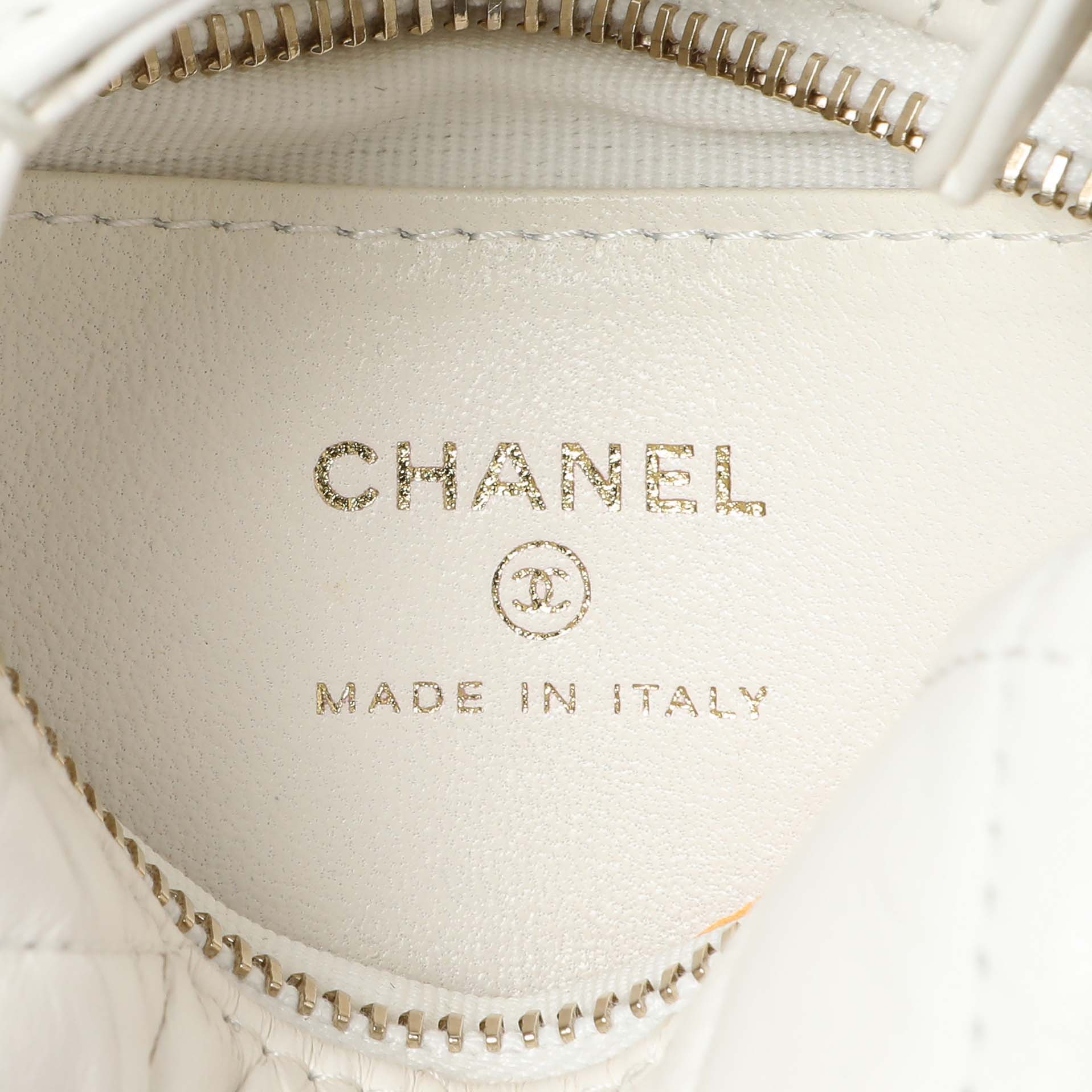 Exclusive Chanel White Lambskin Quilted Chain Around Pouch — Detail View