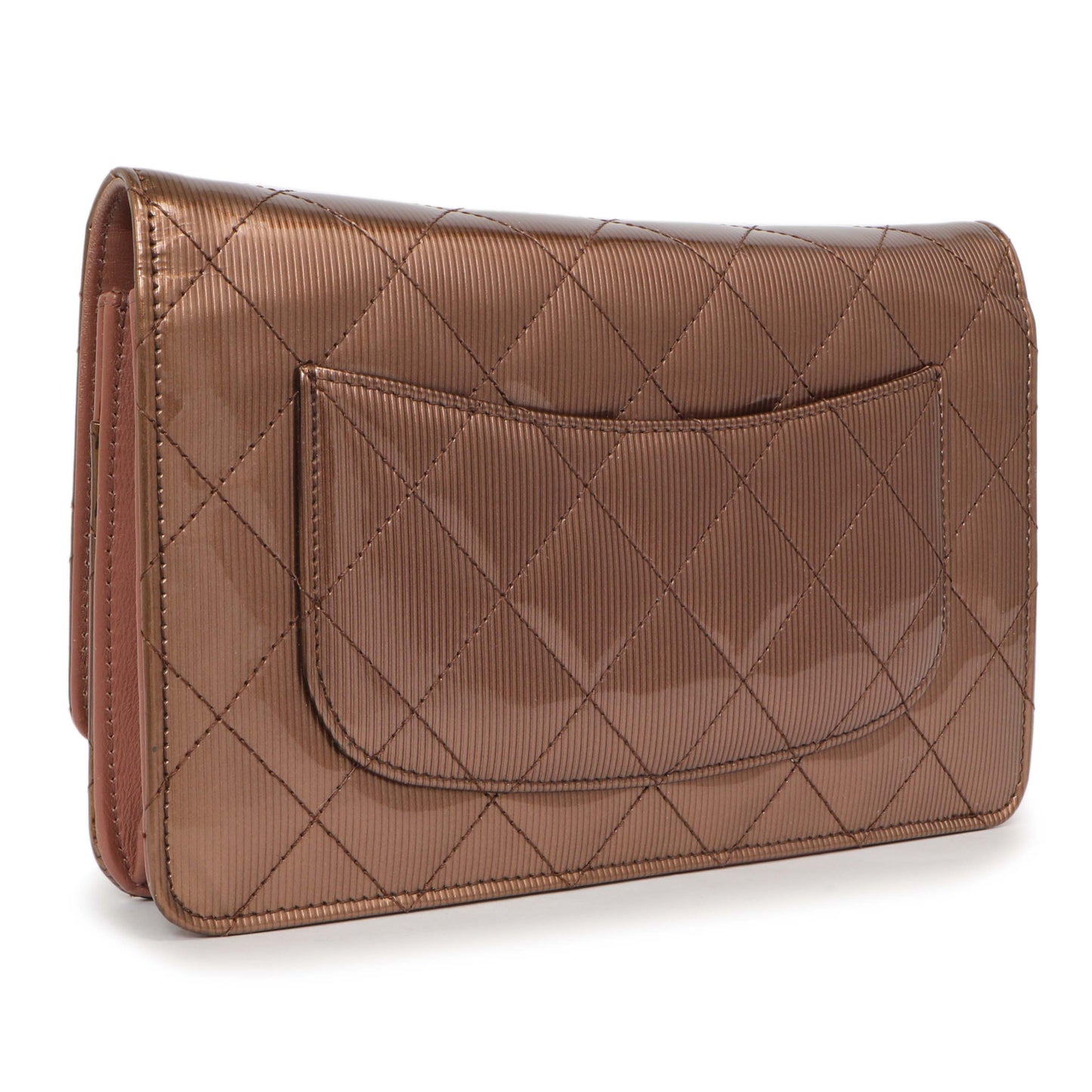 Exclusive Chanel Bronze Striated Quilted Patent Wallet on Chain — Side View