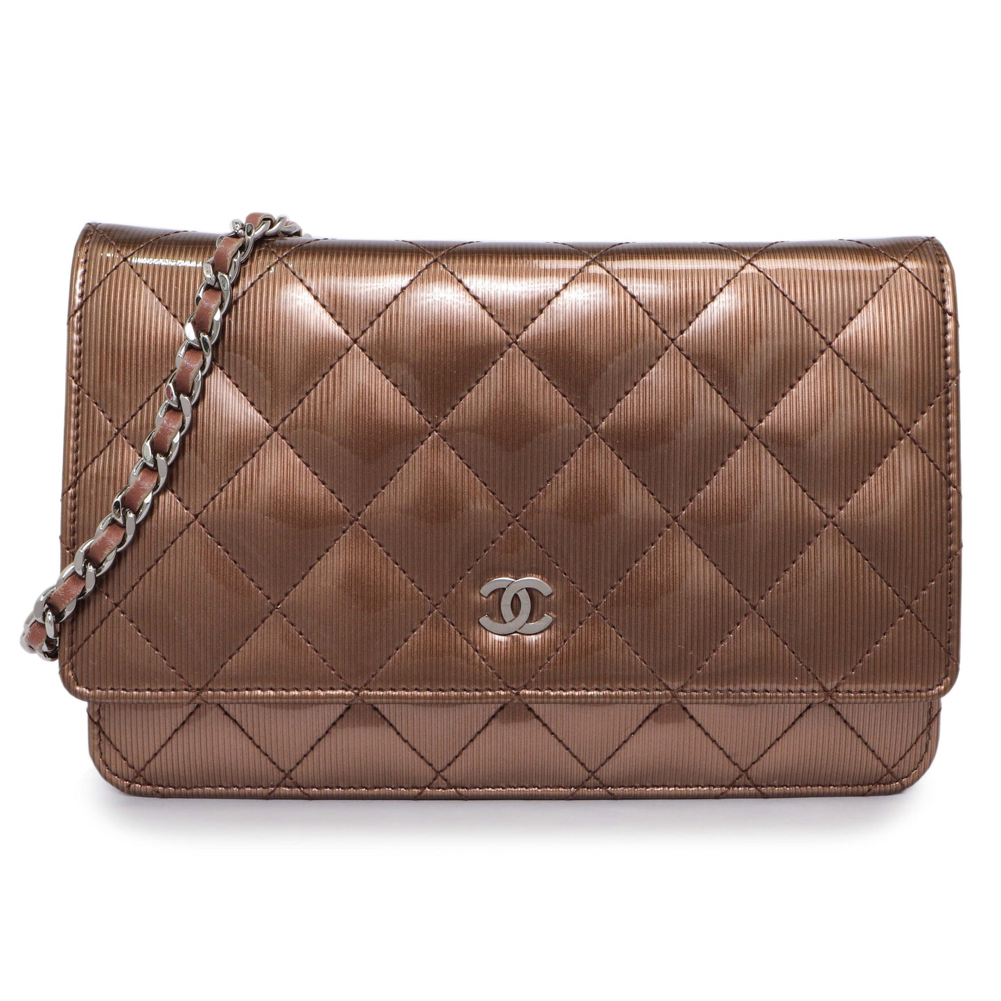 Exclusive Chanel Bronze Striated Quilted Patent Wallet on Chain — Front View