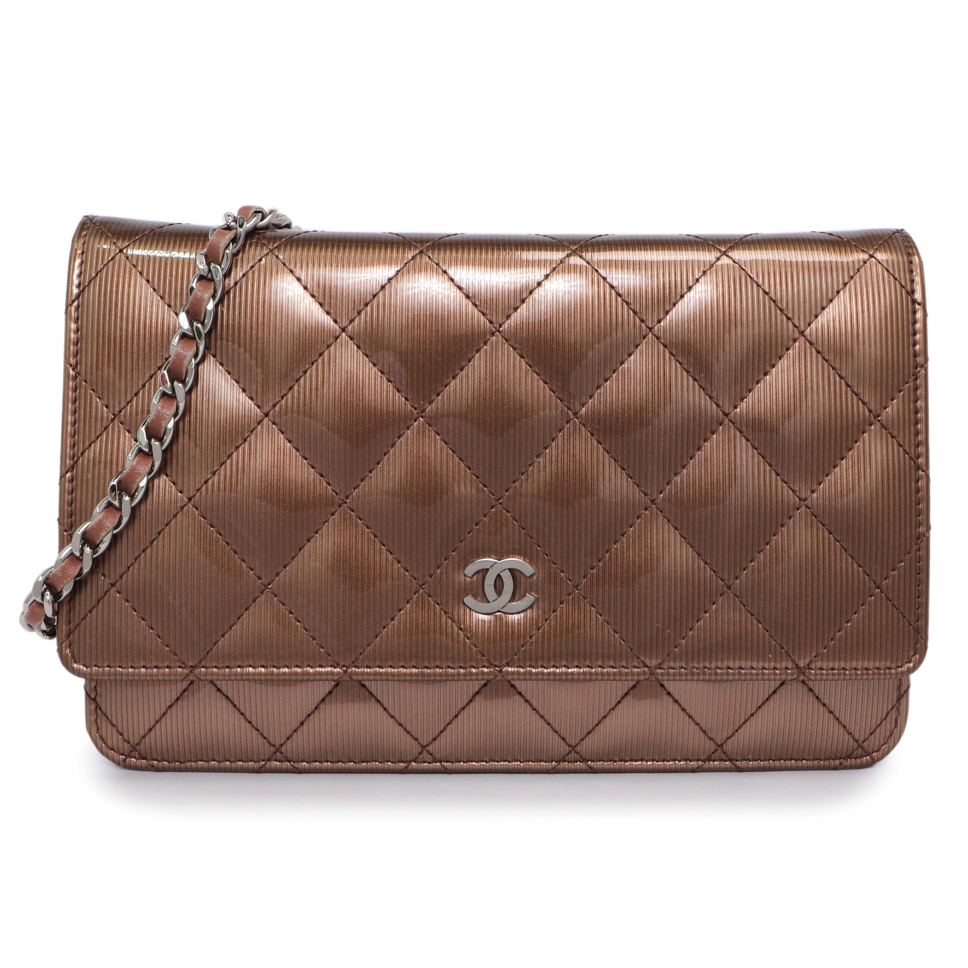 Exclusive Chanel Bronze Striated Quilted Patent Wallet on Chain — Front View