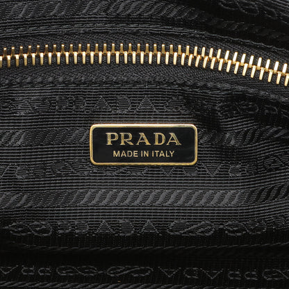 Exclusive Prada Black Glossy Calfskin Triangle Medium Bonnie Shoulder Bag — Detail View