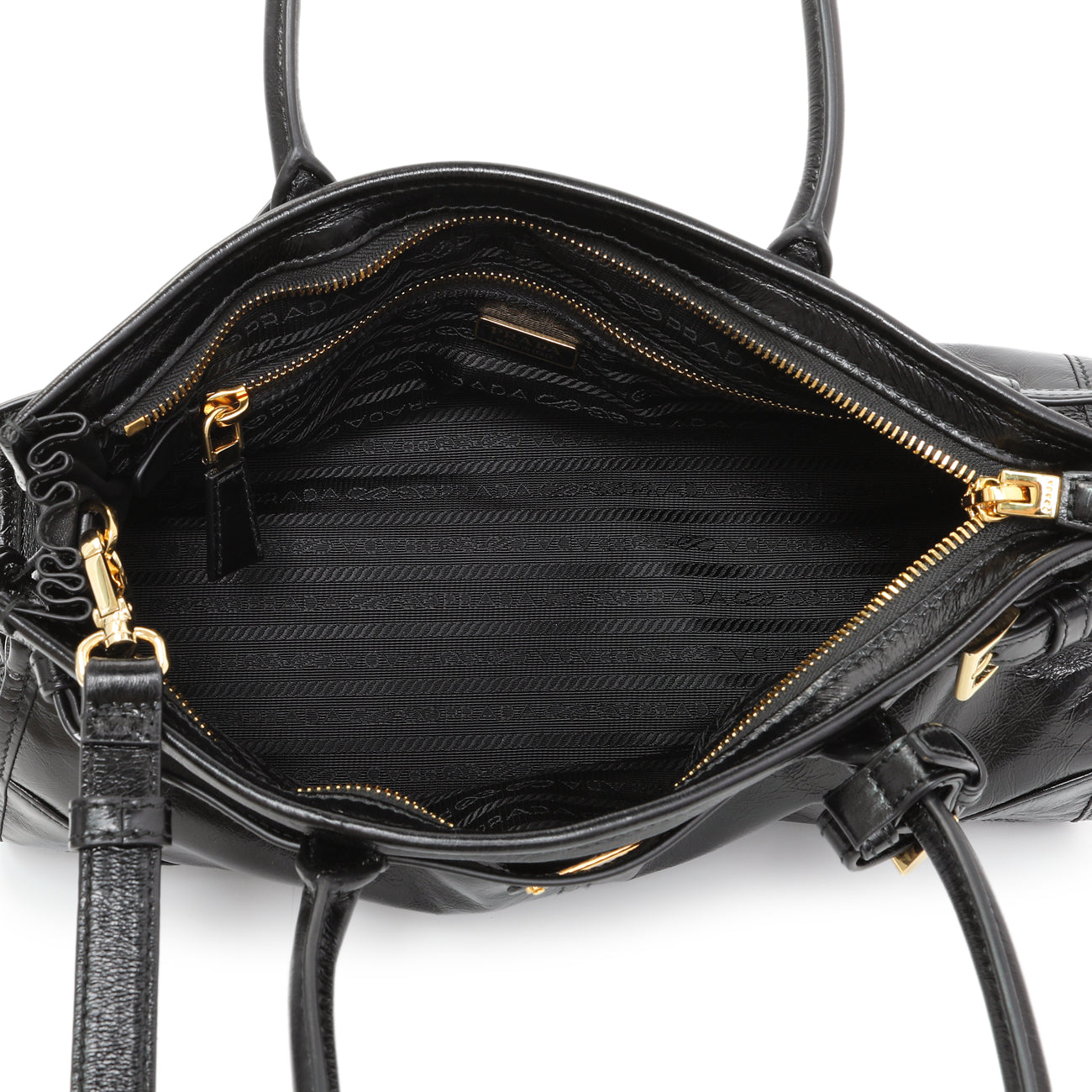 Exclusive Prada Black Glossy Calfskin Triangle Medium Bonnie Shoulder Bag — Top View