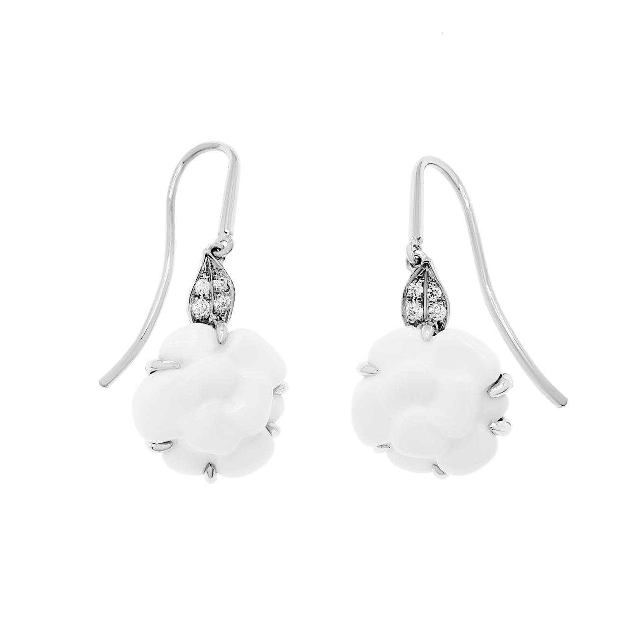 Exclusive Chanel 18K White Gold Diamond Agate Camelia Sculpte Earrings — Front View