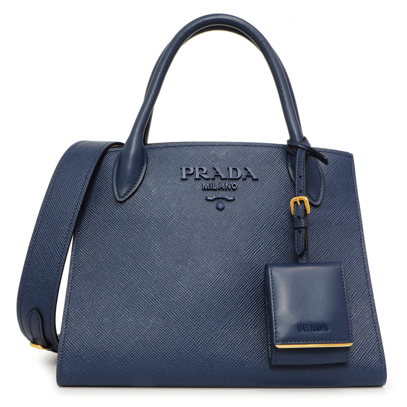 Exclusive Prada Blue Saffiano Cuir Small Monochrome Top Handle Tote — Front View