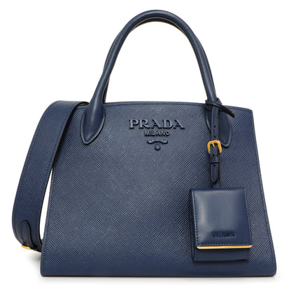 Exclusive Prada Blue Saffiano Cuir Small Monochrome Top Handle Tote — Front View