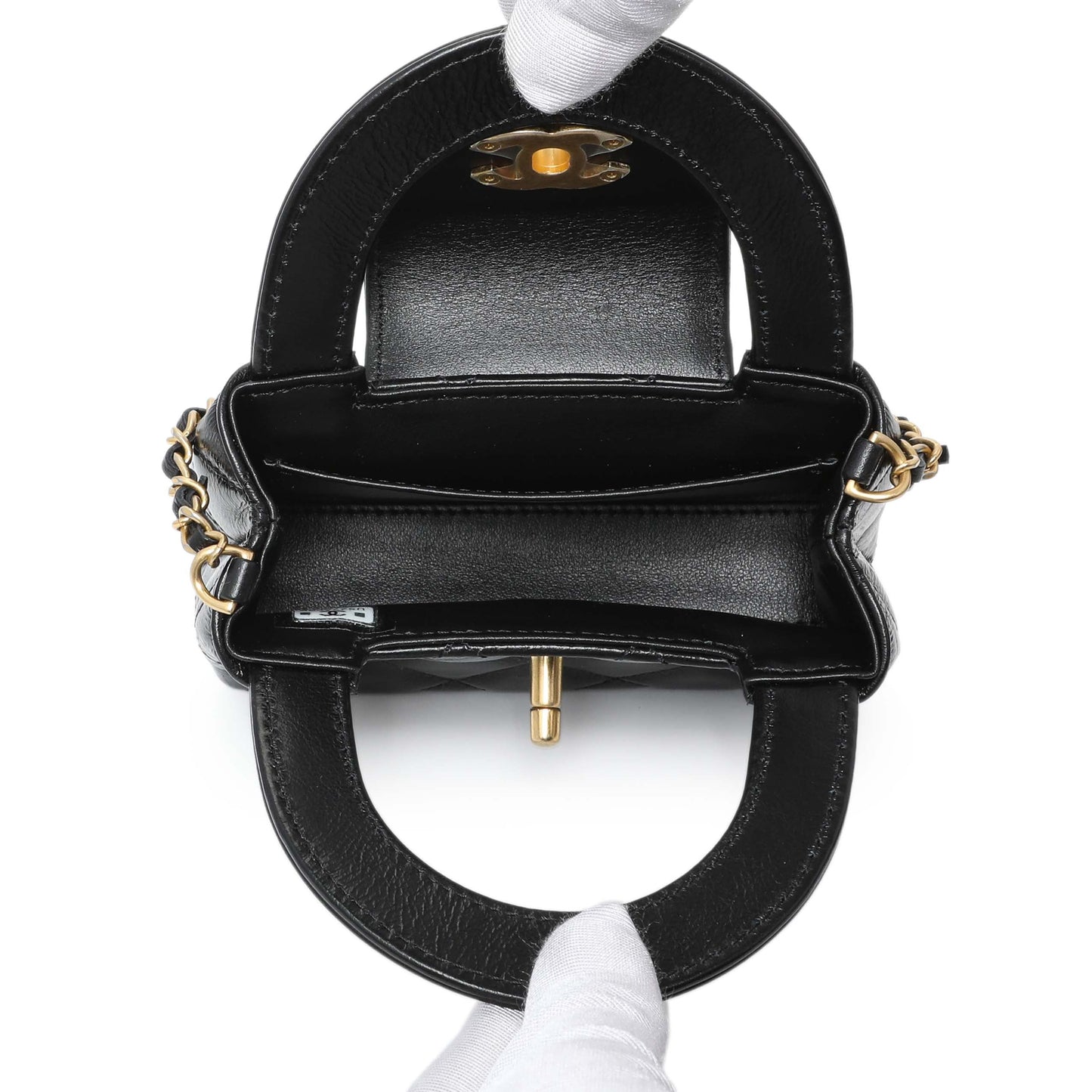 Exclusive Chanel Black Shiny Aged Calfskin Quilted Mini Nano Kelly Shopper — Top View