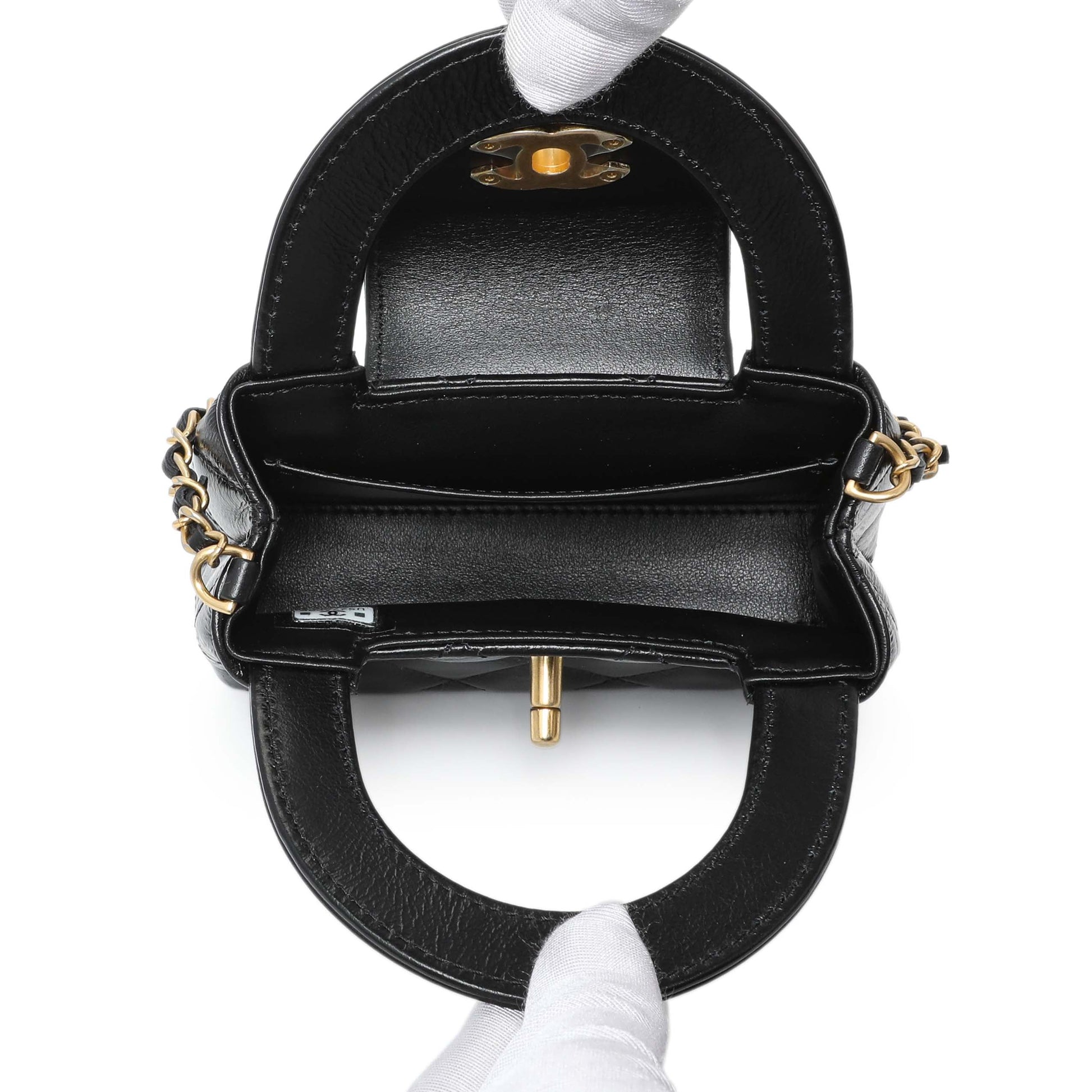 Exclusive Chanel Black Shiny Aged Calfskin Quilted Mini Nano Kelly Shopper — Top View