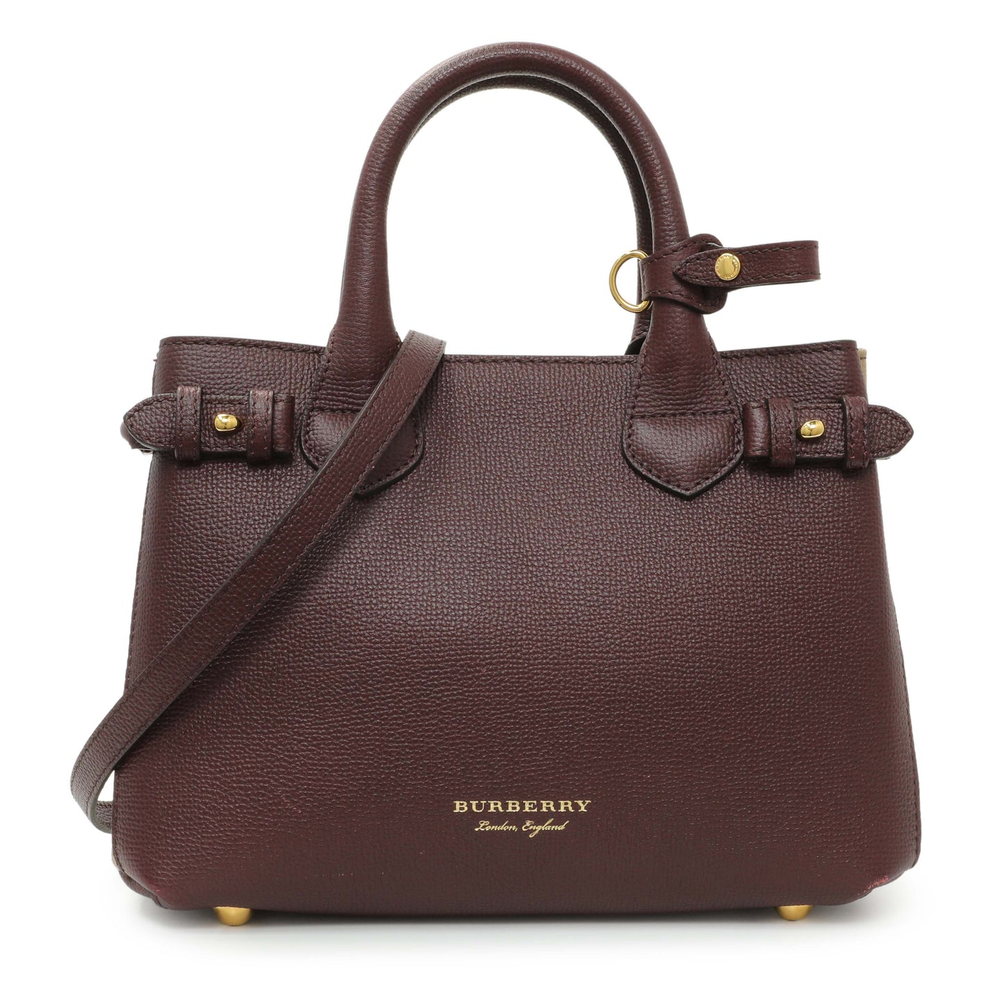 Exclusive Burberry Burgundy Calfskin House Check Small Banner Tote — Front View