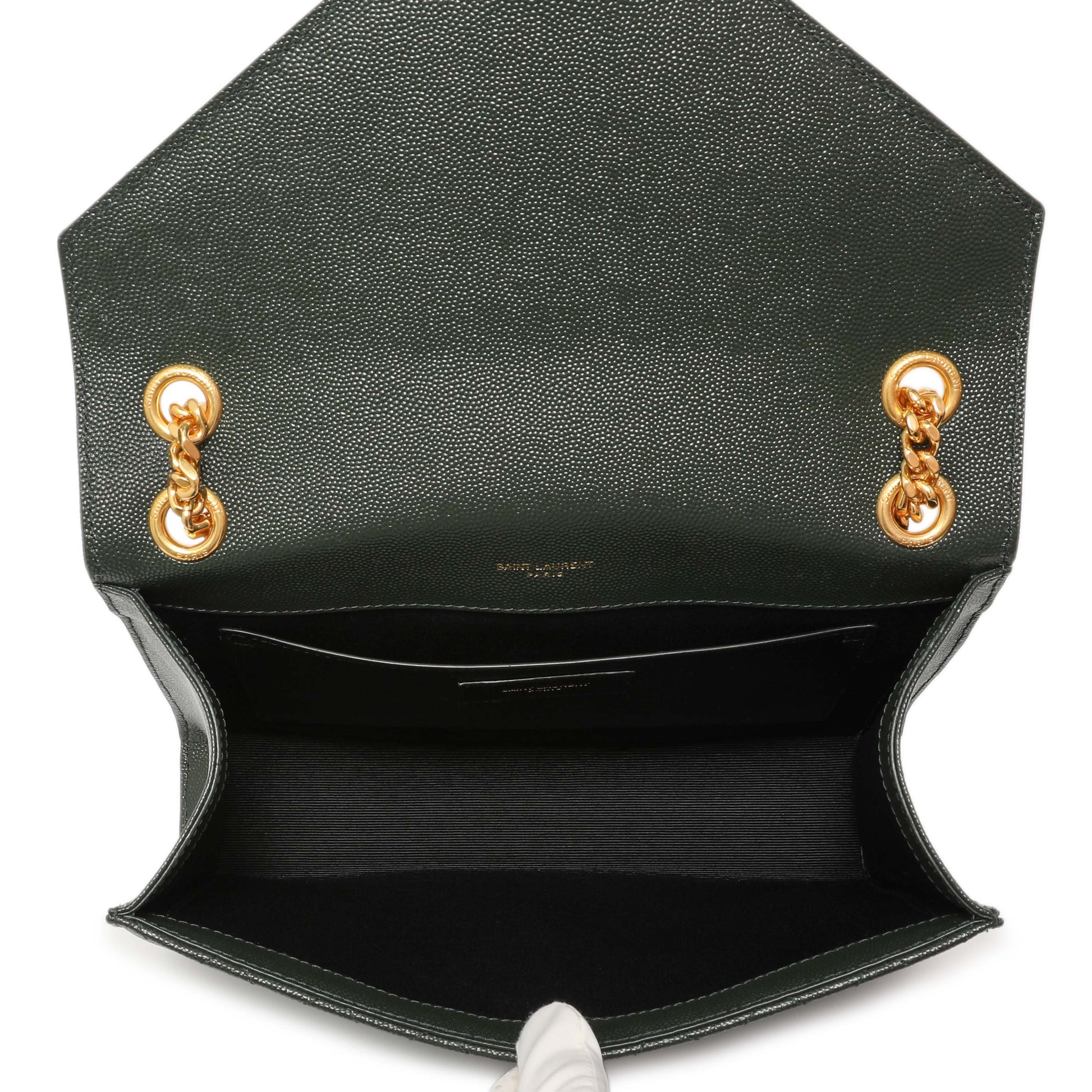 Exclusive Saint Laurent Green Grain De Poudre Matelasse Chevron Medium Triquilt Monogram Satchel — Top View