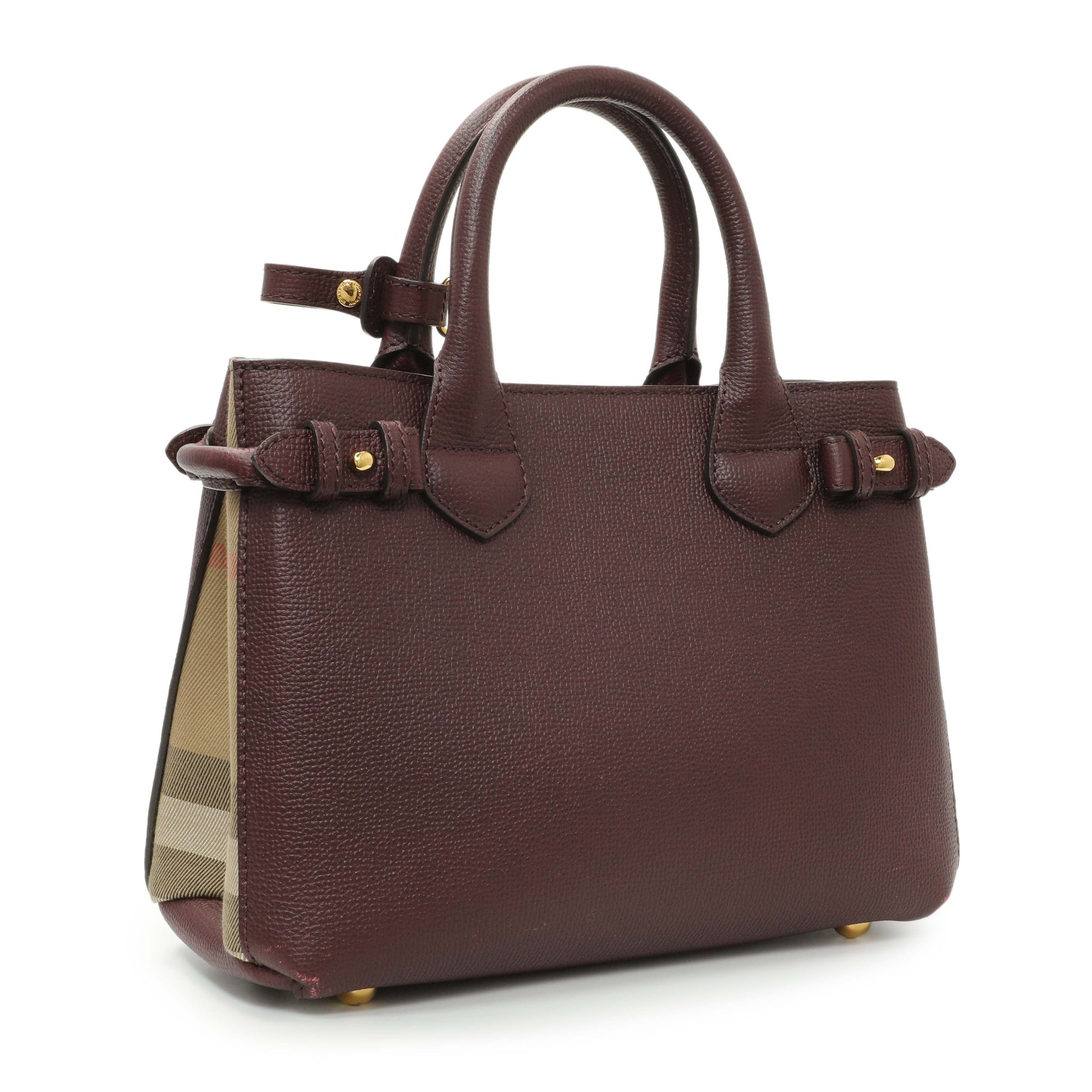 Exclusive Burberry Burgundy Calfskin House Check Small Banner Tote — Side View