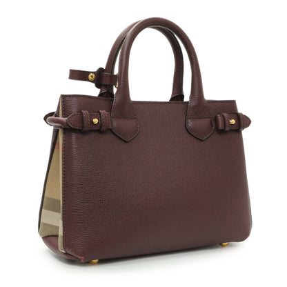 Exclusive Burberry Burgundy Calfskin House Check Small Banner Tote — Side View