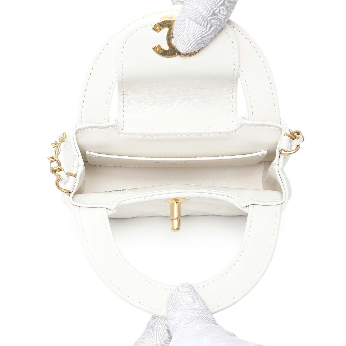 Exclusive Chanel White Shiny Aged Calfskin Quilted Mini Nano Kelly Shopper — Top View