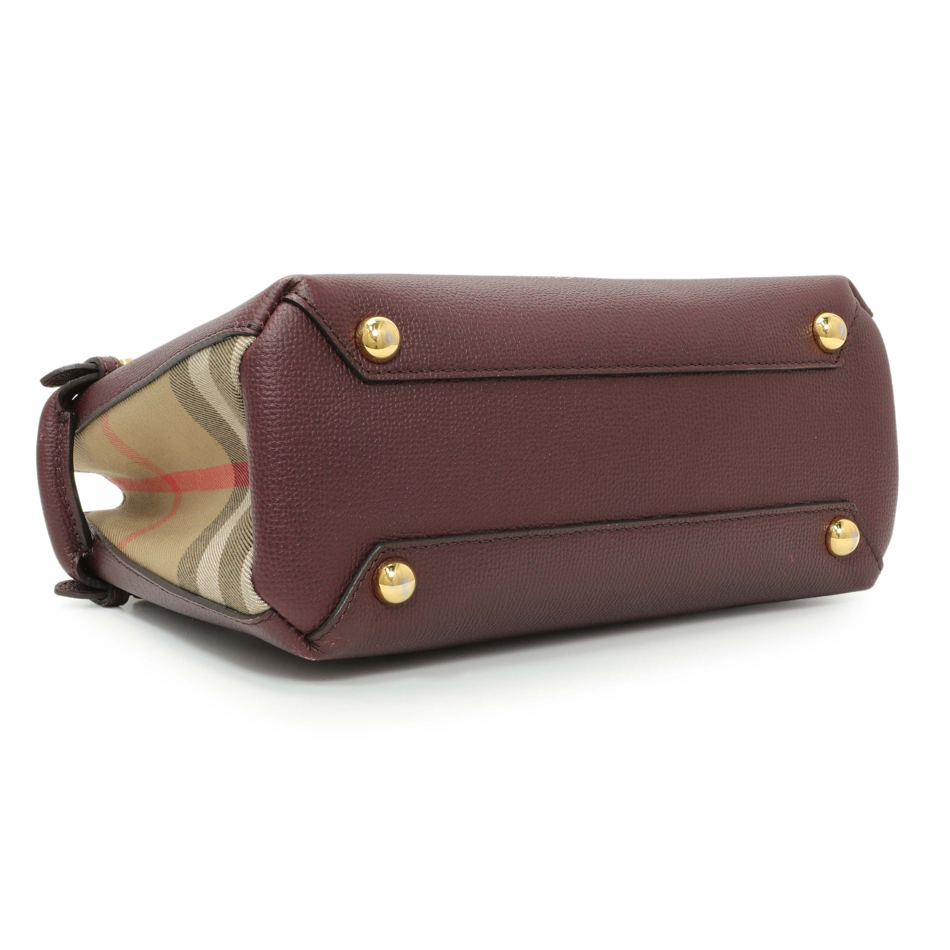 Exclusive Burberry Burgundy Calfskin House Check Small Banner Tote — Back View