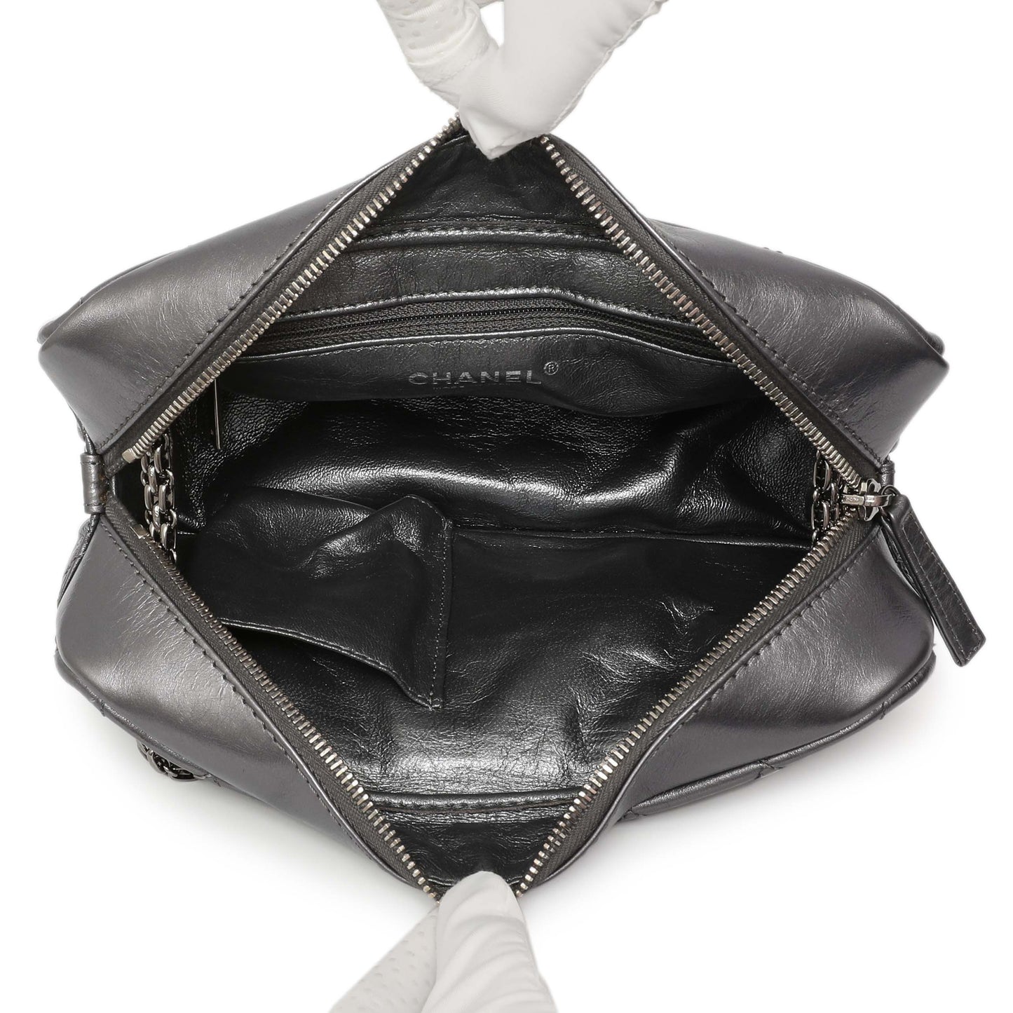 Exclusive Chanel Dark Silver Metallic Quilted Aged Calfskin Small Reissue Camera Case — Top View