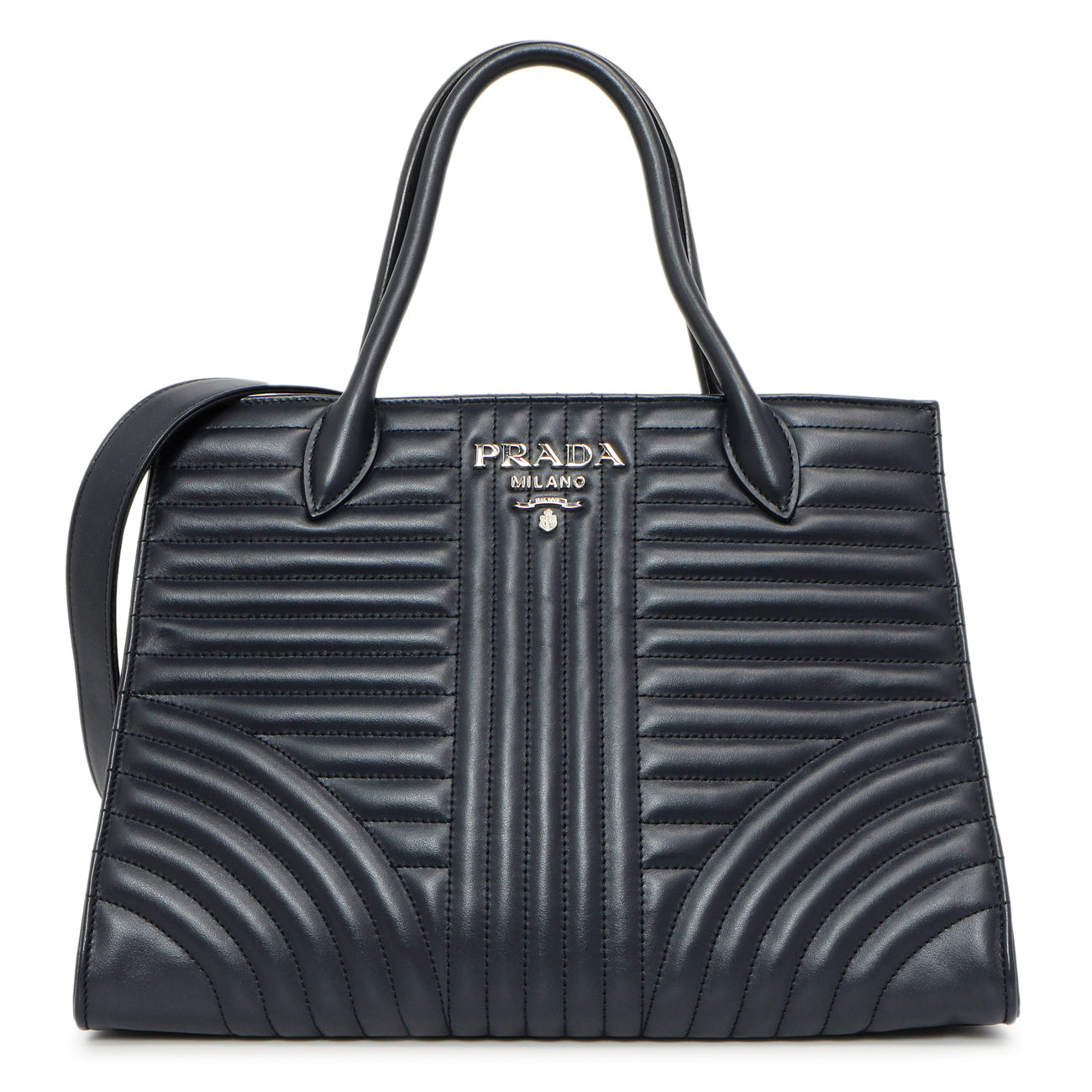 Exclusive Prada Navy Soft Calfskin Impunture Diagramme Tote — Front View