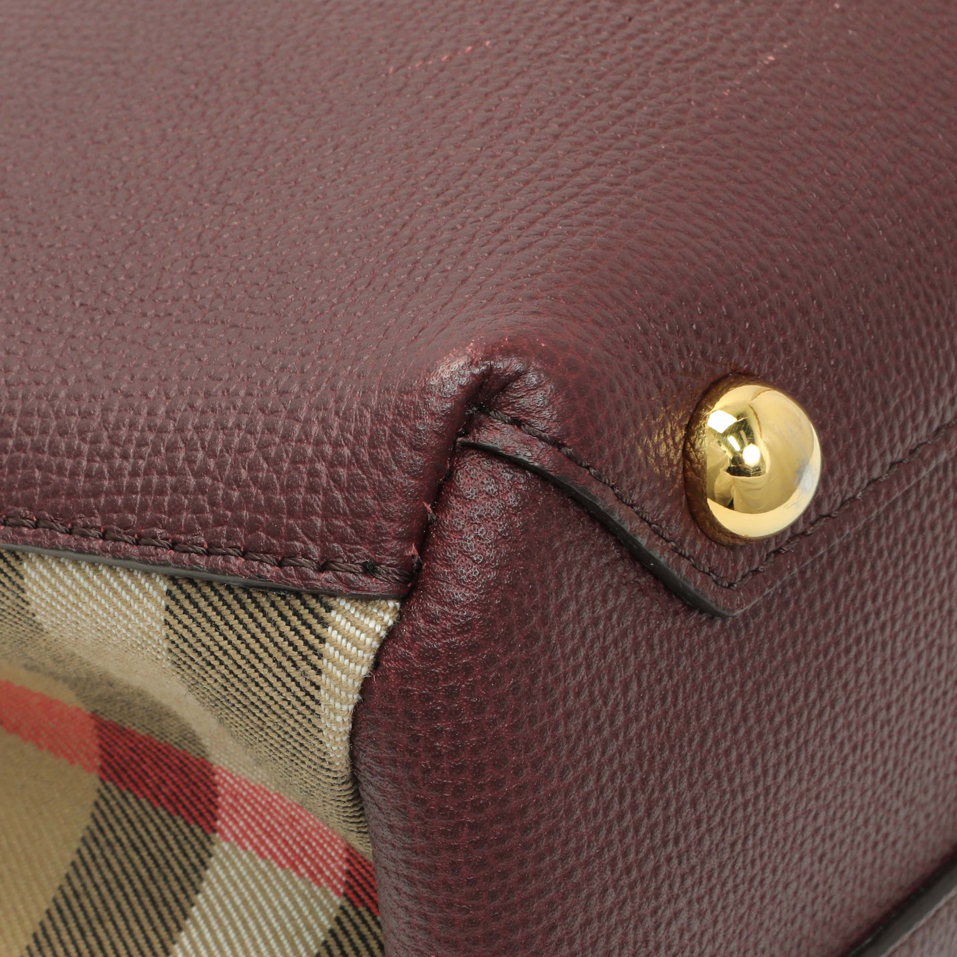 Exclusive Burberry Burgundy Calfskin House Check Small Banner Tote — Top View