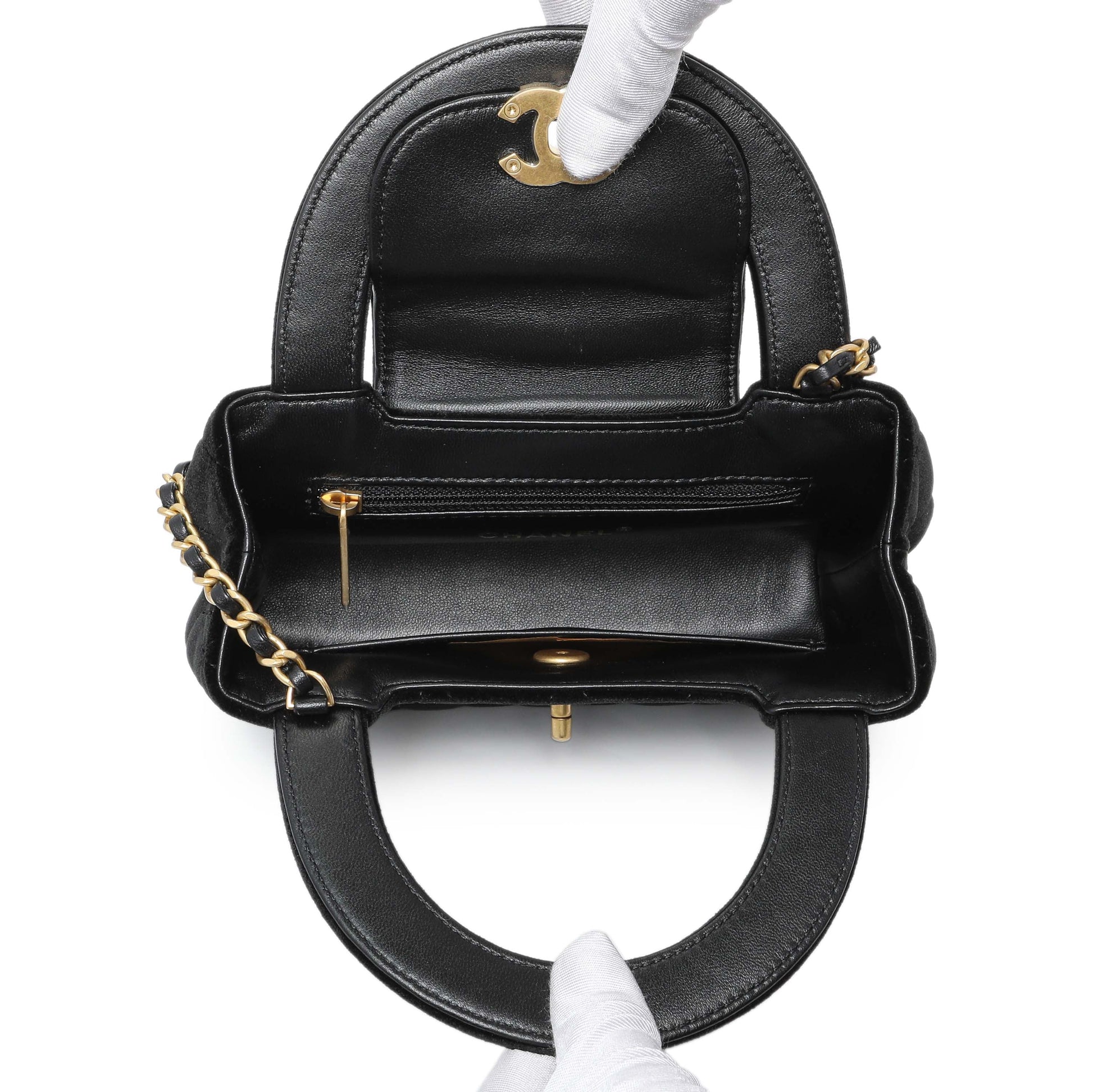 Exclusive Chanel Black Quilted Velvet Nano Kelly Shopper — Top View