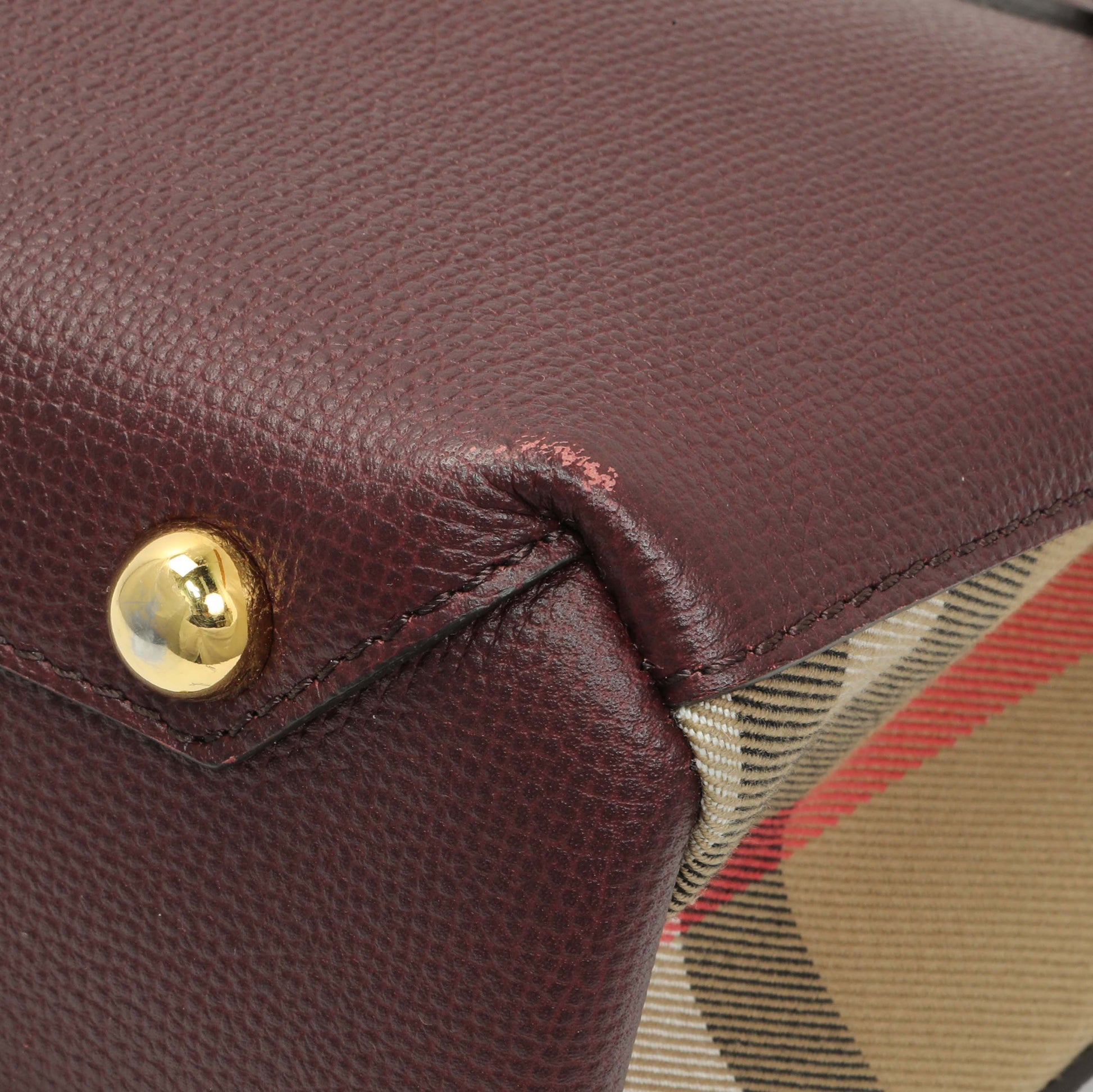 Exclusive Burberry Burgundy Calfskin House Check Small Banner Tote — Detail View