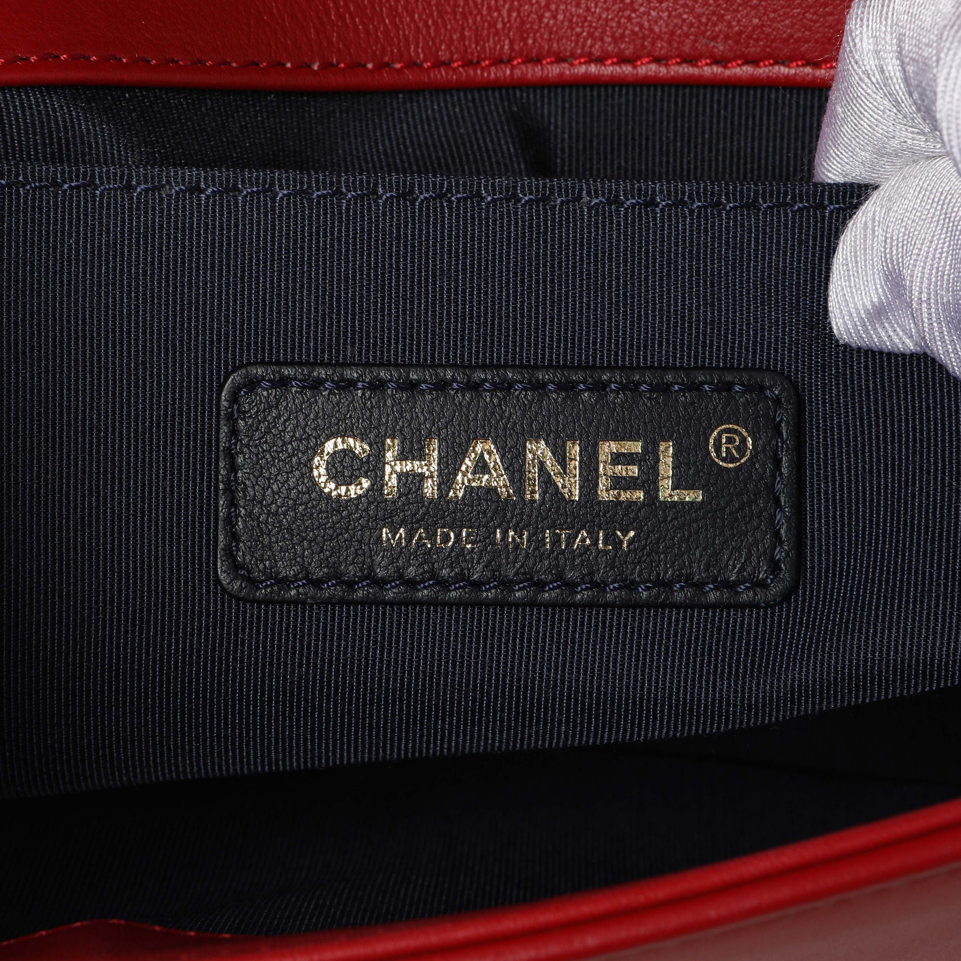 Exclusive Chanel Red Chevron Quilted Lambskin Medium Boy Flap — Lifestyle View